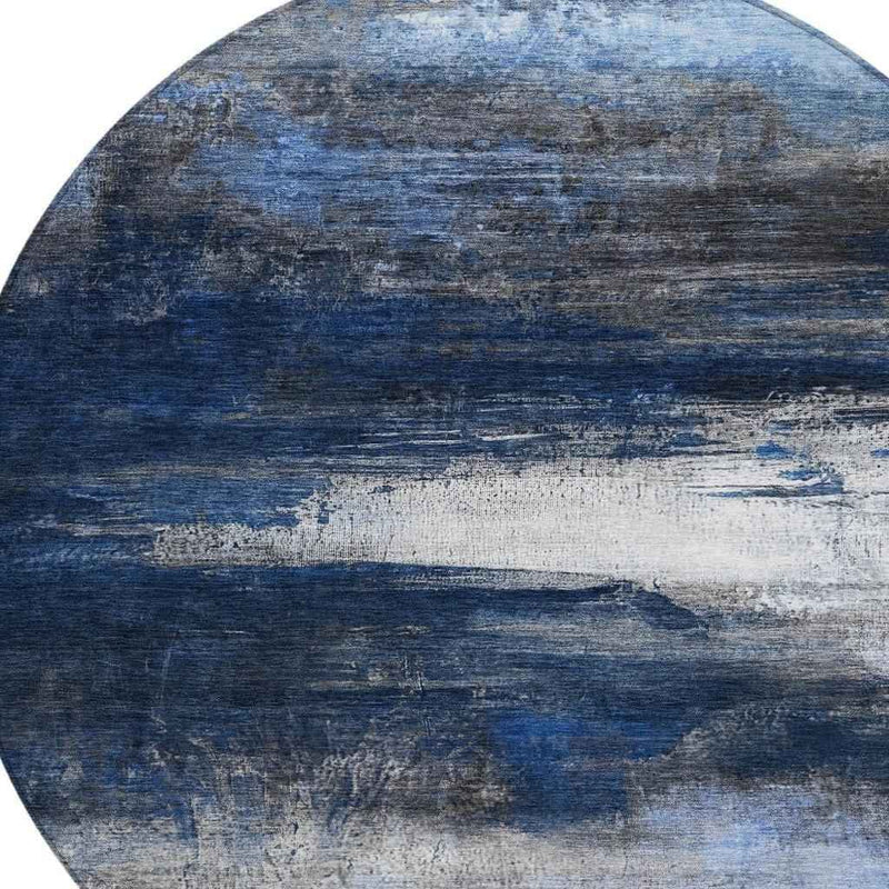 8' Navy Blue Charcoal And Ivory Round Abstract Washable Indoor Outdoor Area Rug