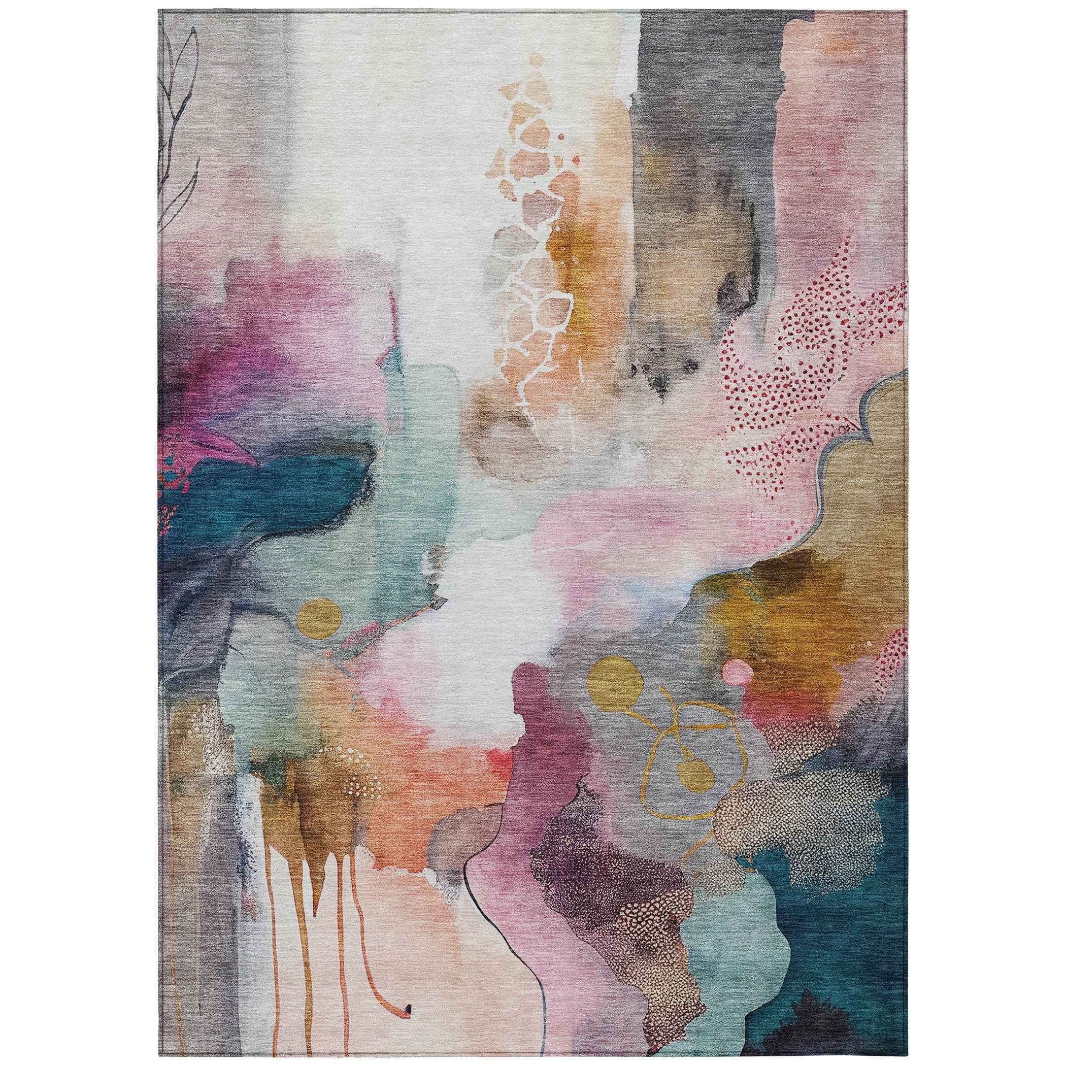 3' X 5' Blush Teal Blue And Ivory Abstract Washable Indoor Outdoor Area Rug