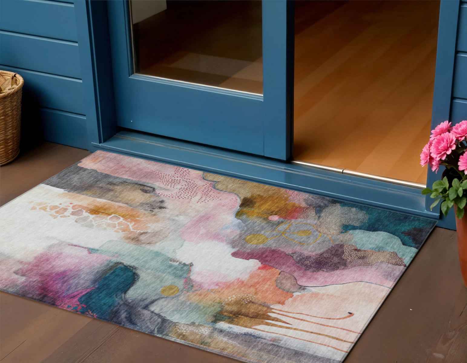 3' X 5' Blush Teal Blue And Ivory Abstract Washable Indoor Outdoor Area Rug