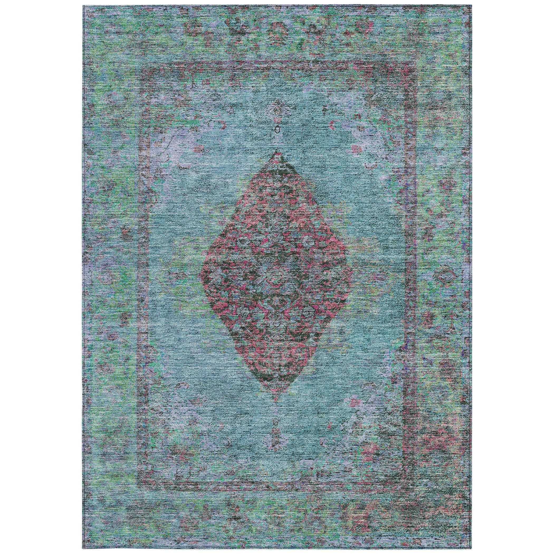 10' X 14' Aqua And Mauve Medallion Washable Indoor Outdoor Area Rug