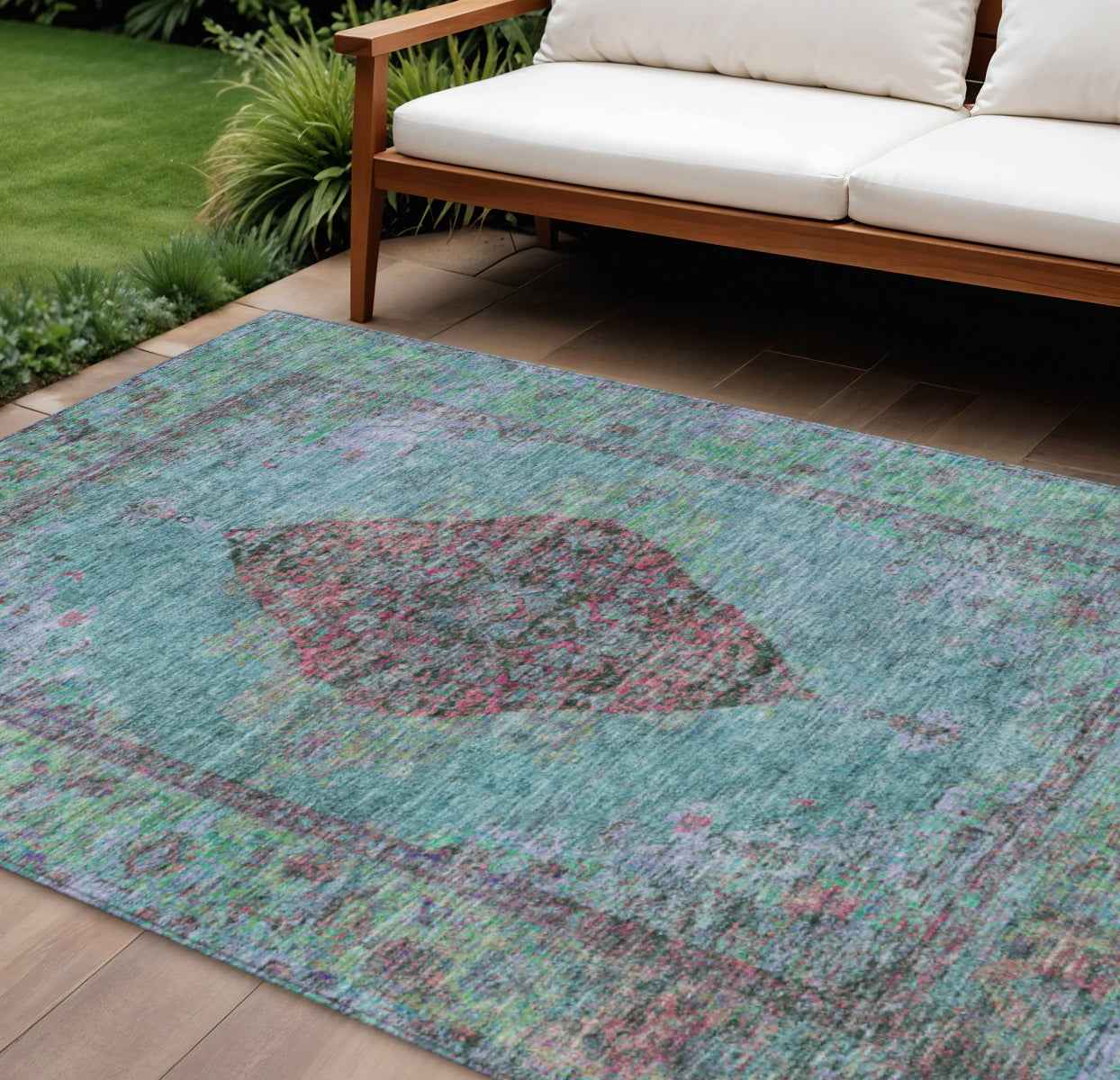 10' X 14' Aqua And Mauve Medallion Washable Indoor Outdoor Area Rug