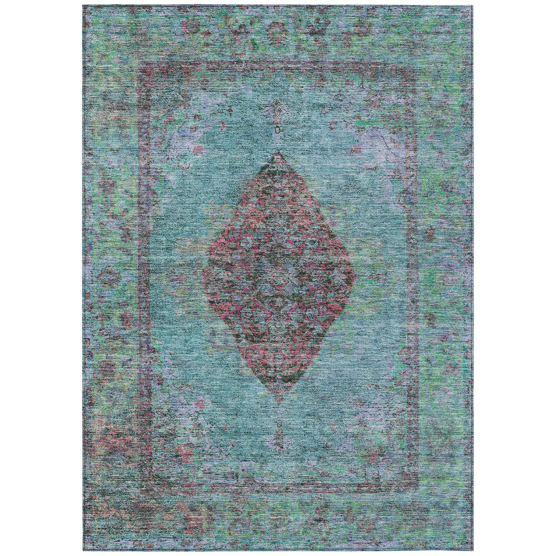 10' X 14' Aqua And Mauve Medallion Washable Indoor Outdoor Area Rug