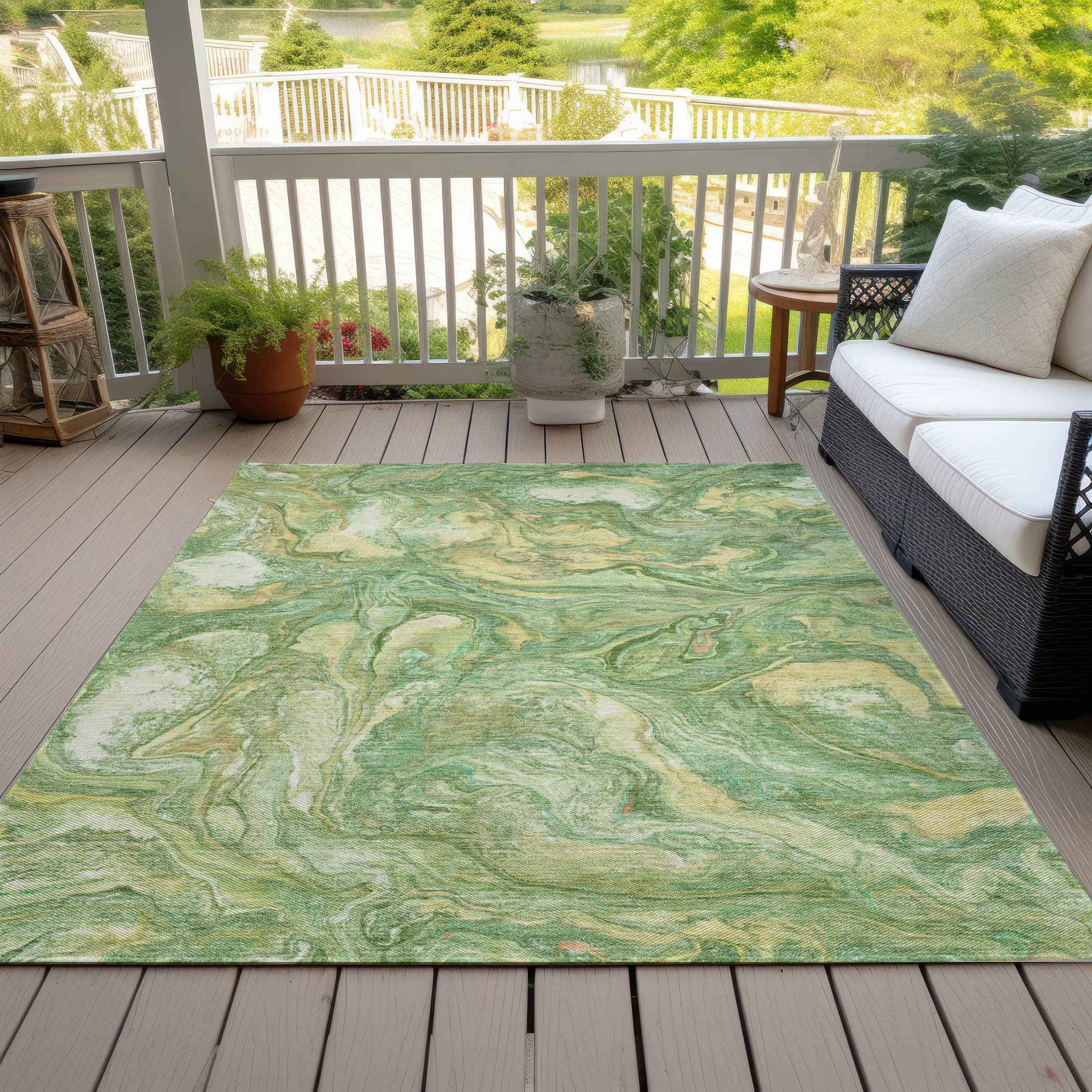 8' X 10' Green And Gold Abstract Washable Indoor Outdoor Area Rug