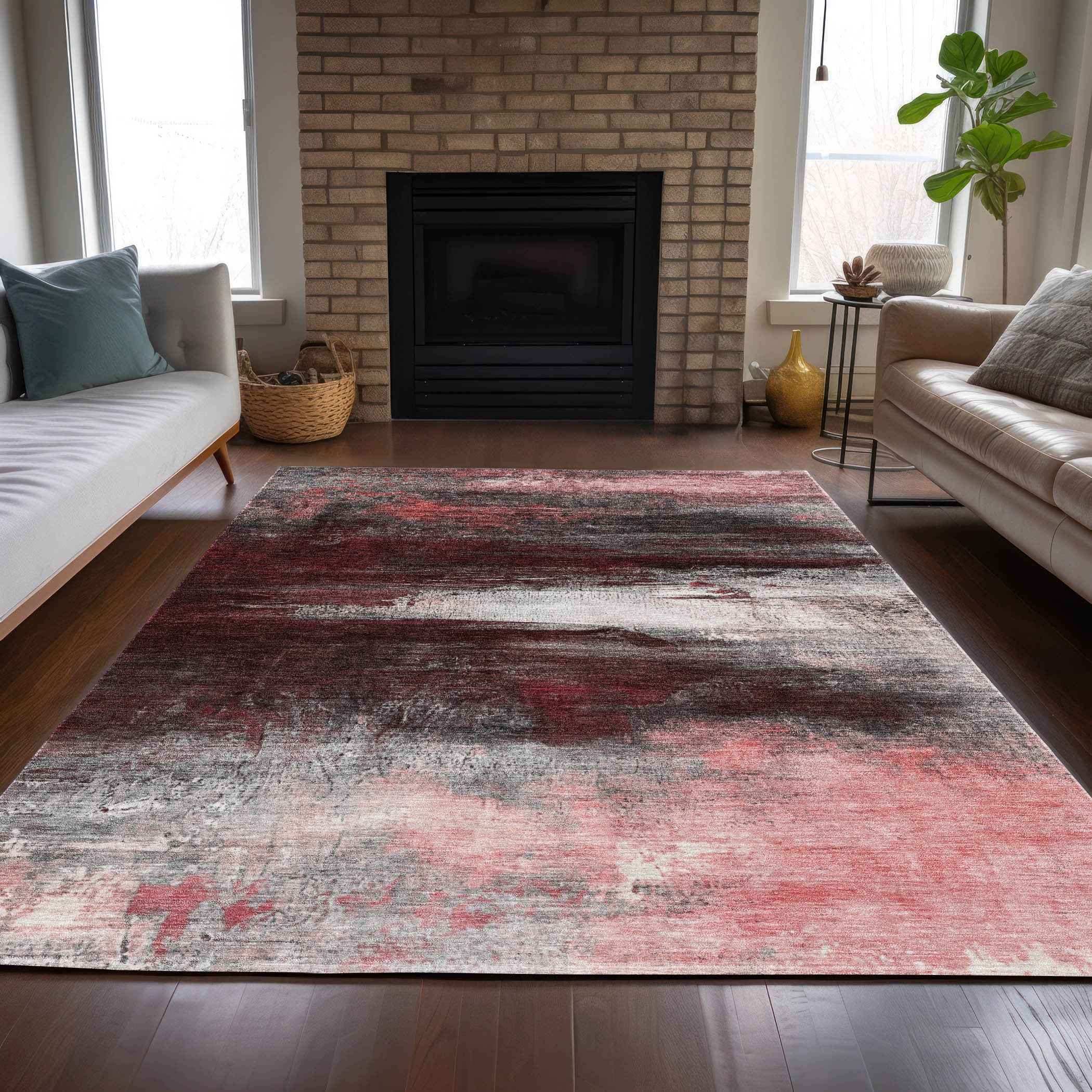 9' X 12' Merlot Charcoal And Ivory Abstract Washable Indoor Outdoor Area Rug