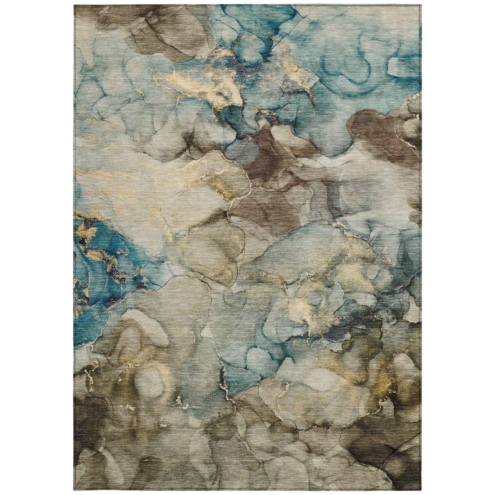 9' X 12' Brown And Teal Blue Abstract Washable Indoor Outdoor Area Rug