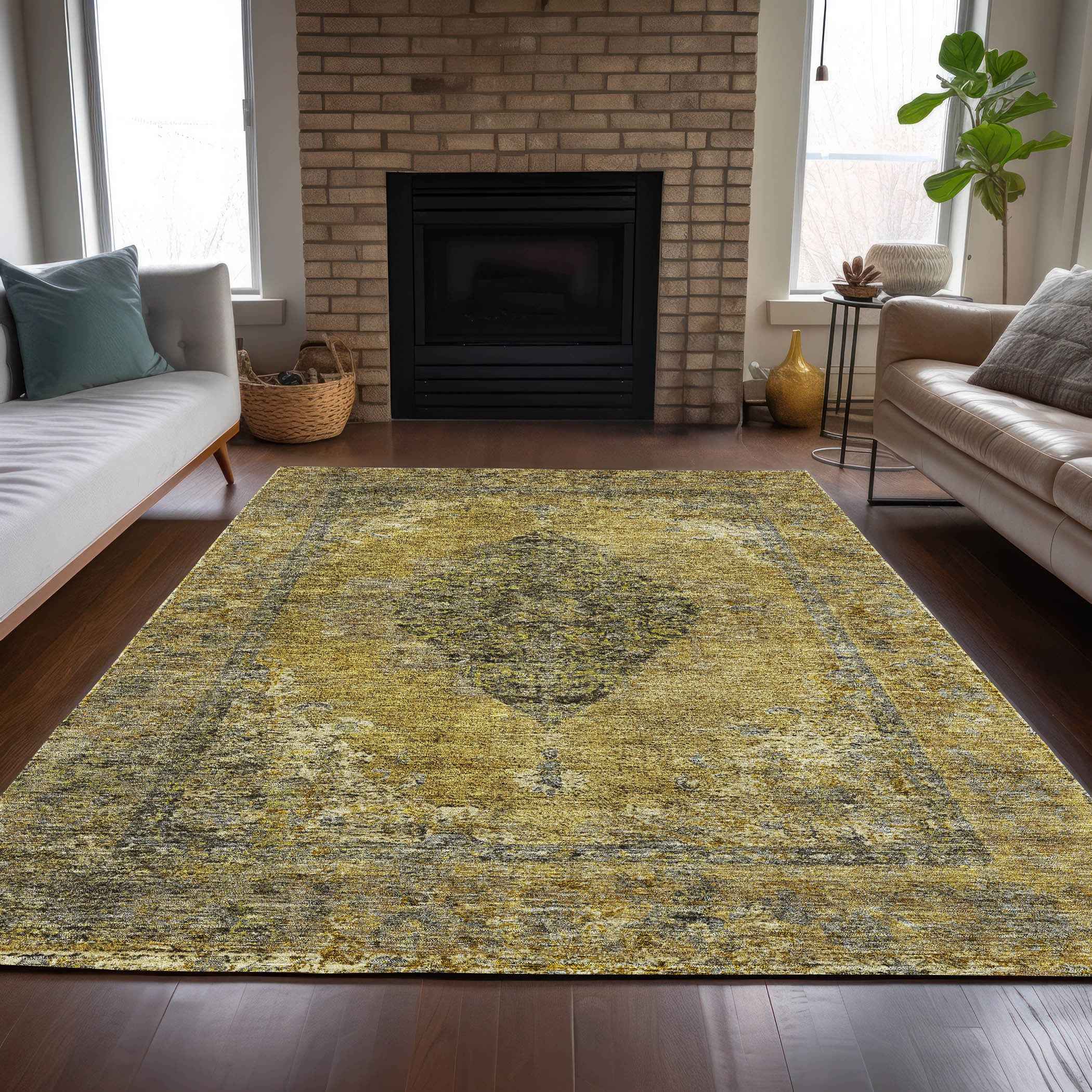 5' X 8' Wheat And Gray Medallion Washable Indoor Outdoor Area Rug