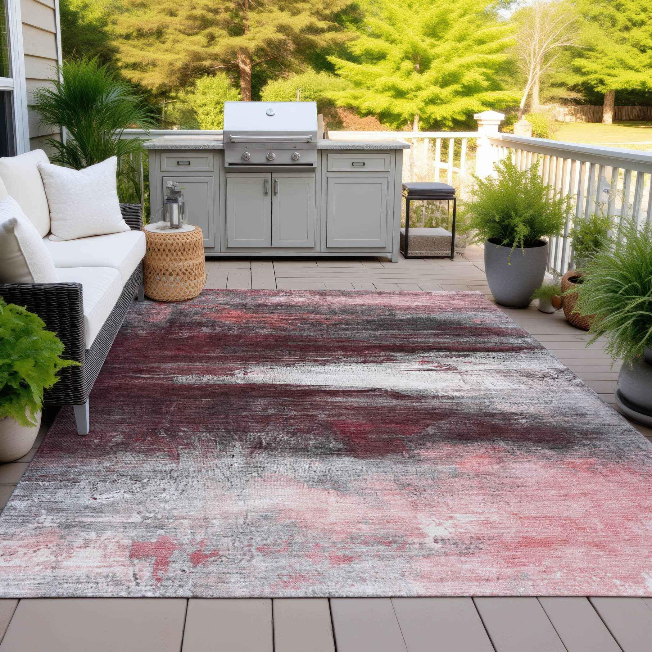 9' X 12' Merlot Charcoal And Ivory Abstract Washable Indoor Outdoor Area Rug