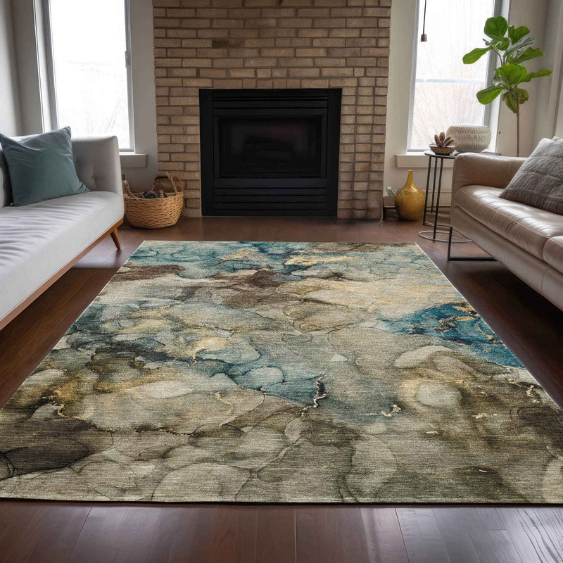 9' X 12' Brown And Teal Blue Abstract Washable Indoor Outdoor Area Rug