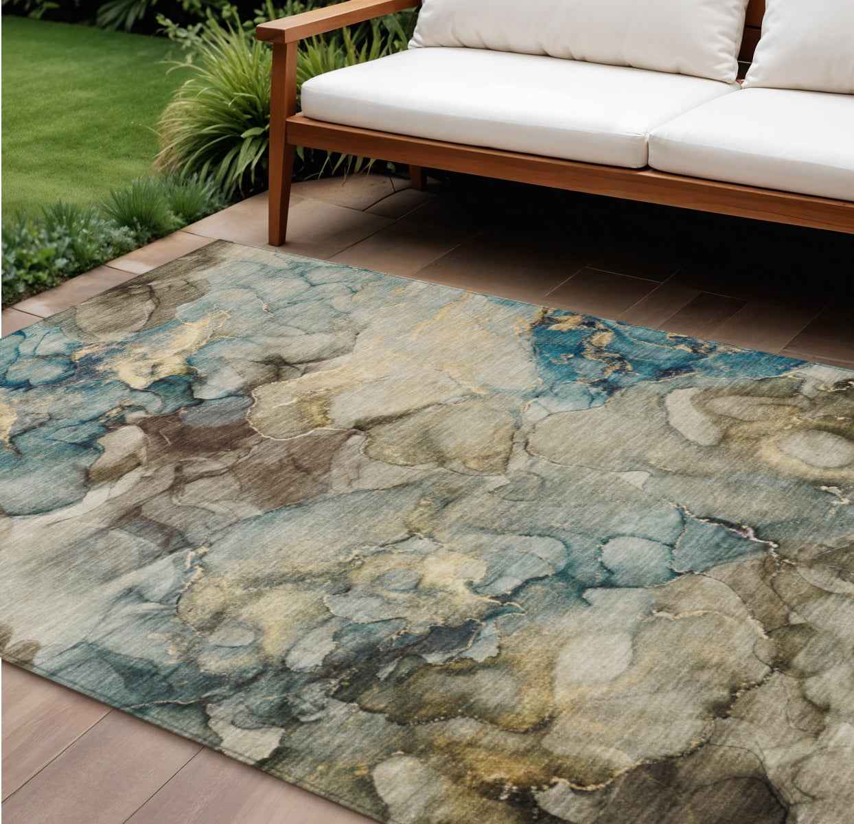 9' X 12' Brown And Teal Blue Abstract Washable Indoor Outdoor Area Rug