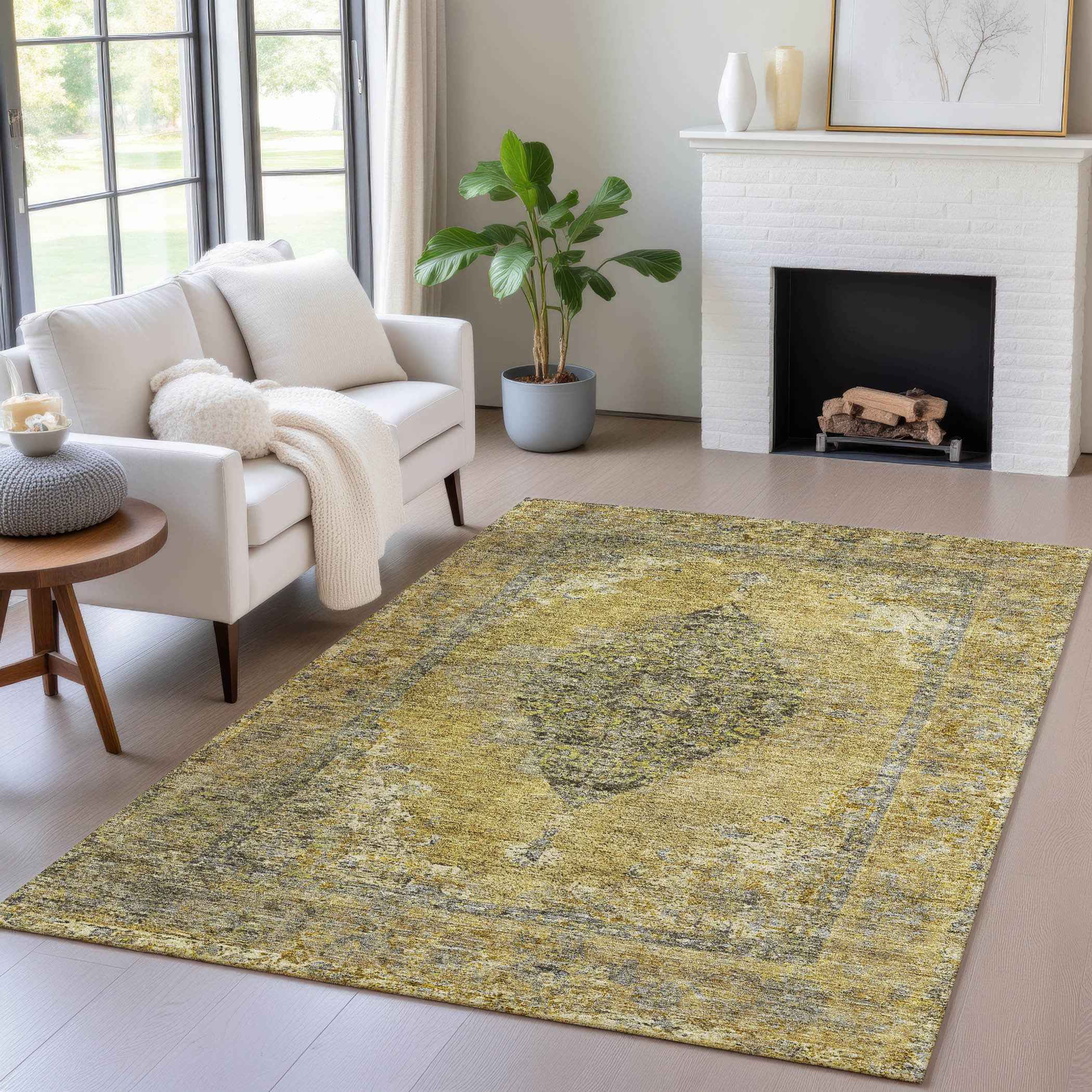 5' X 8' Wheat And Gray Medallion Washable Indoor Outdoor Area Rug