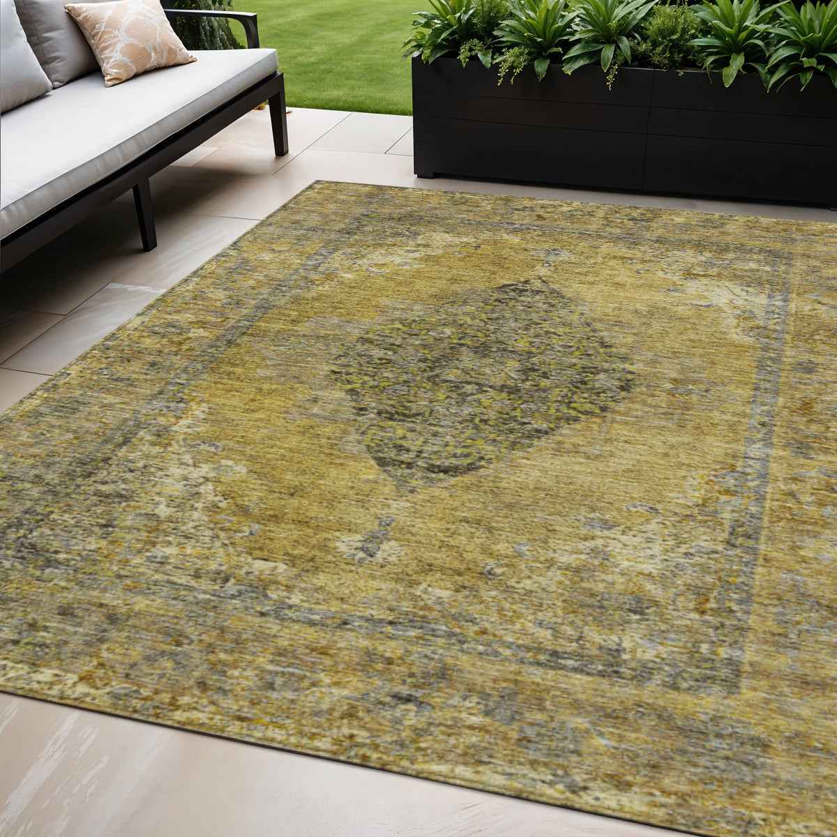 5' X 8' Wheat And Gray Medallion Washable Indoor Outdoor Area Rug