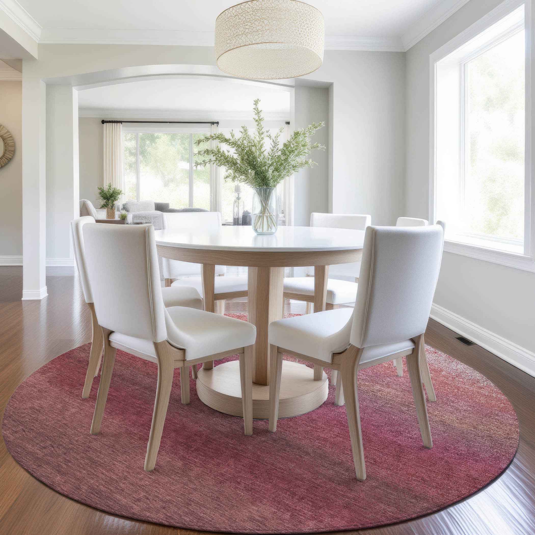 8' Red And Blush Round Ombre Washable Indoor Outdoor Area Rug