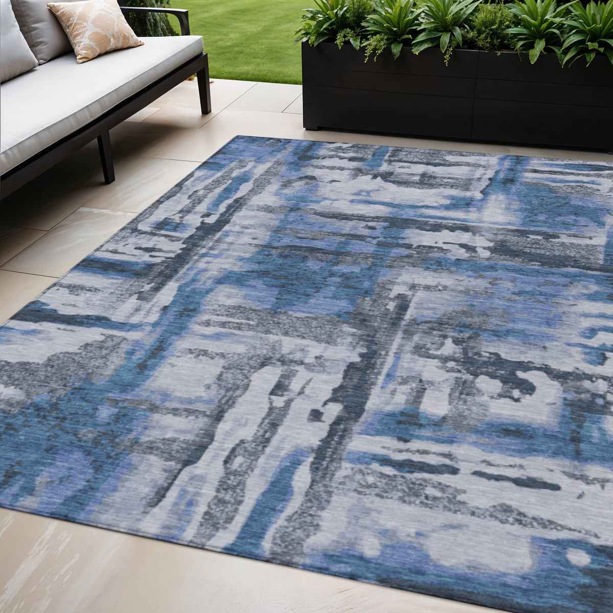 5' X 8' Blue And Gray Abstract Washable Indoor Outdoor Area Rug