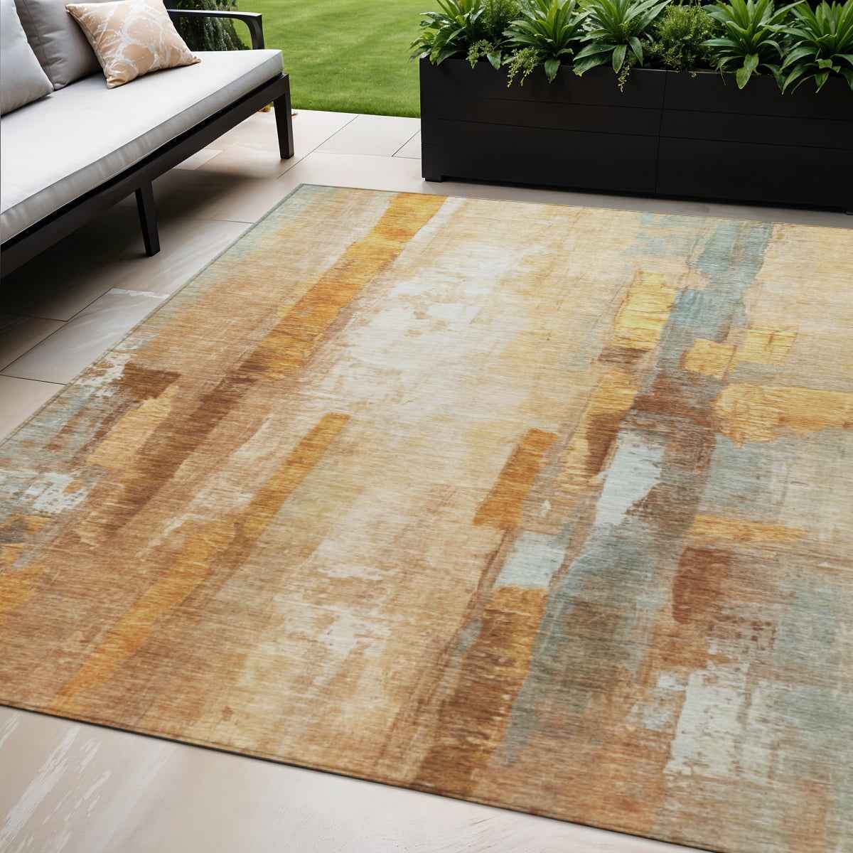 5' X 8' Copper And Ivory Abstract Washable Indoor Outdoor Area Rug