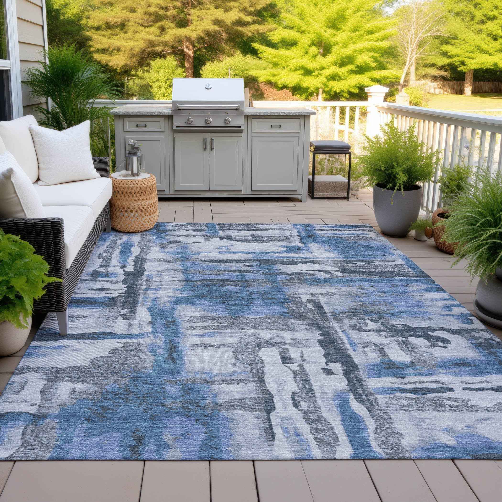 5' X 8' Blue And Gray Abstract Washable Indoor Outdoor Area Rug