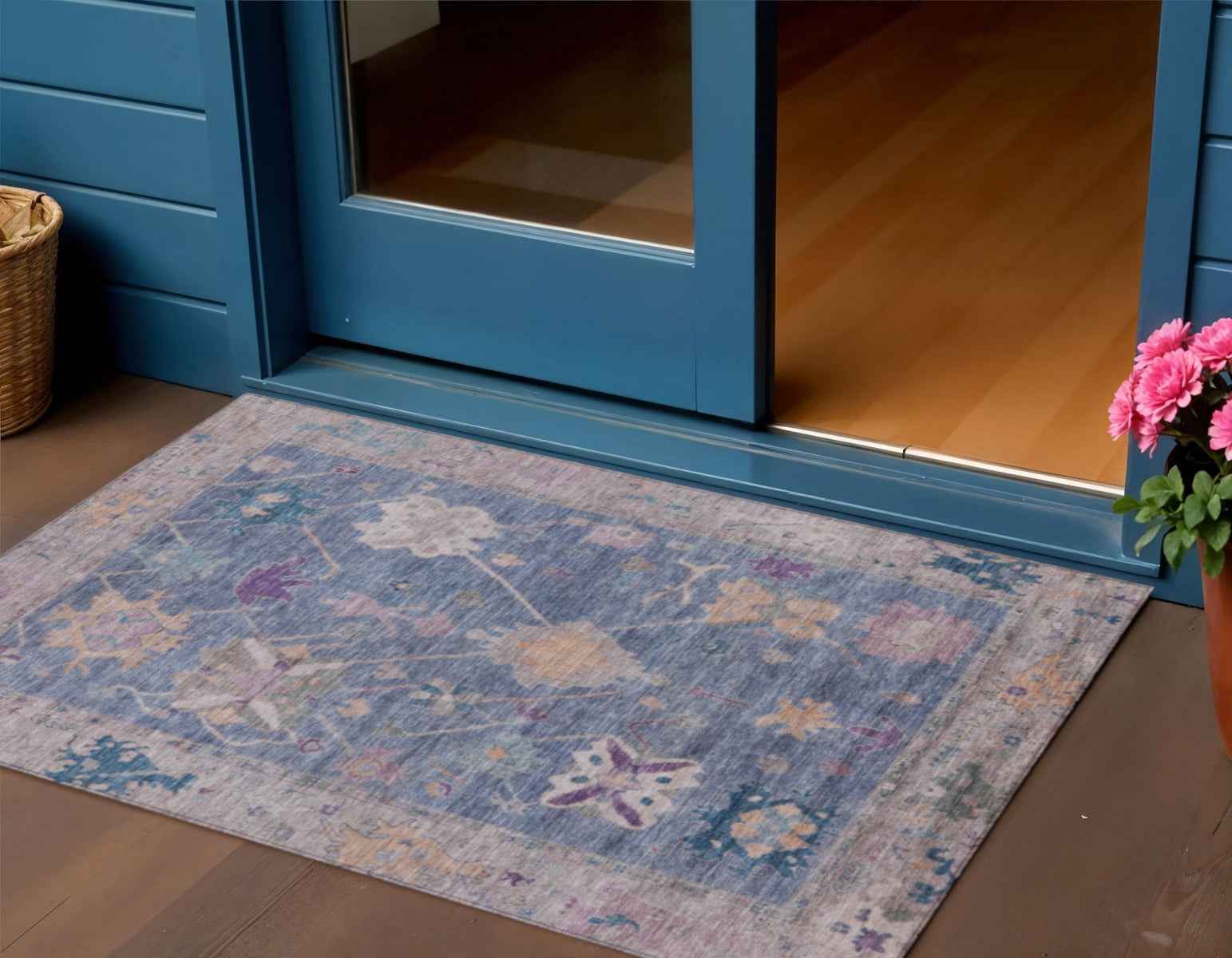 3' X 5' Blue And Purple Tribal Washable Indoor Outdoor Area Rug