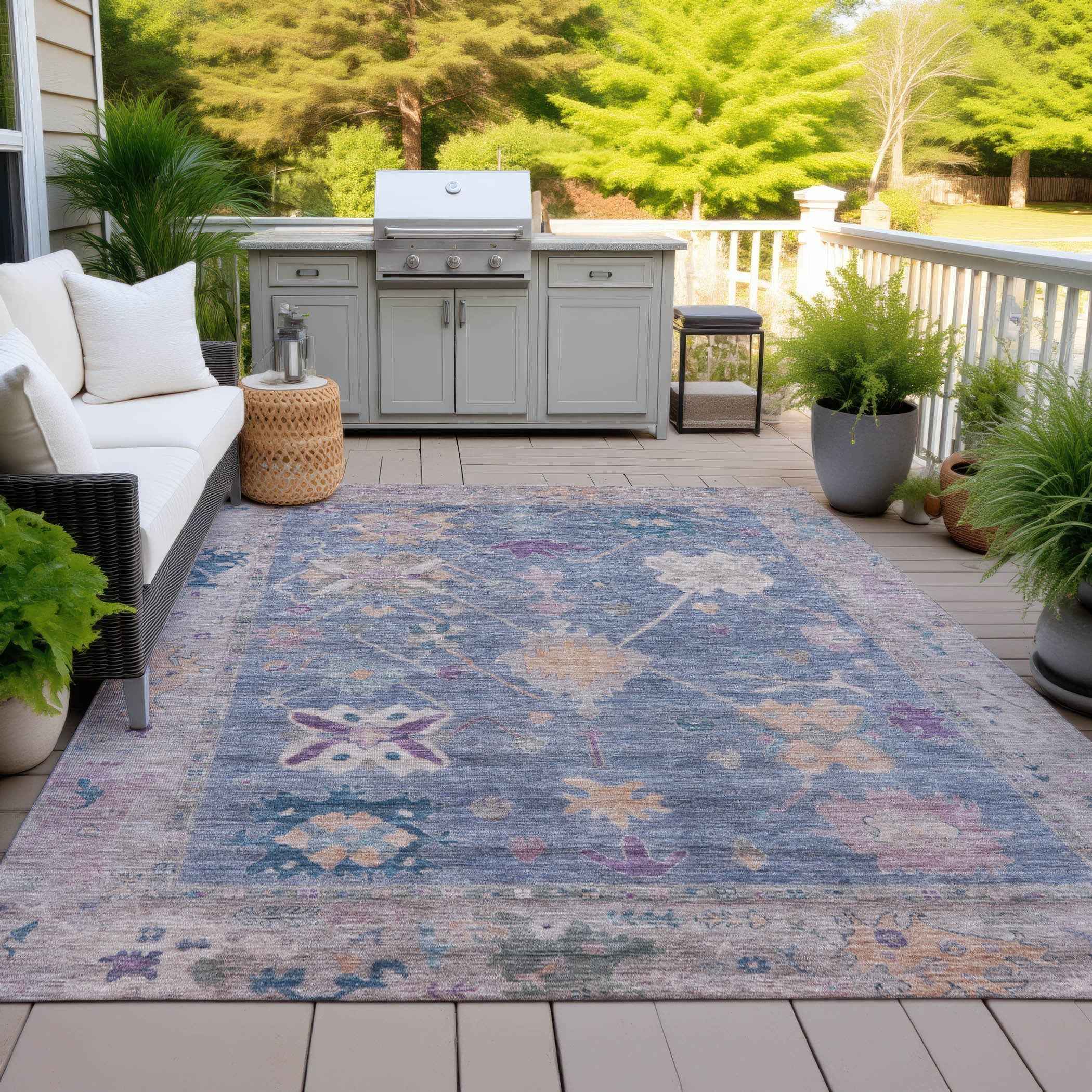3' X 5' Blue And Purple Tribal Washable Indoor Outdoor Area Rug