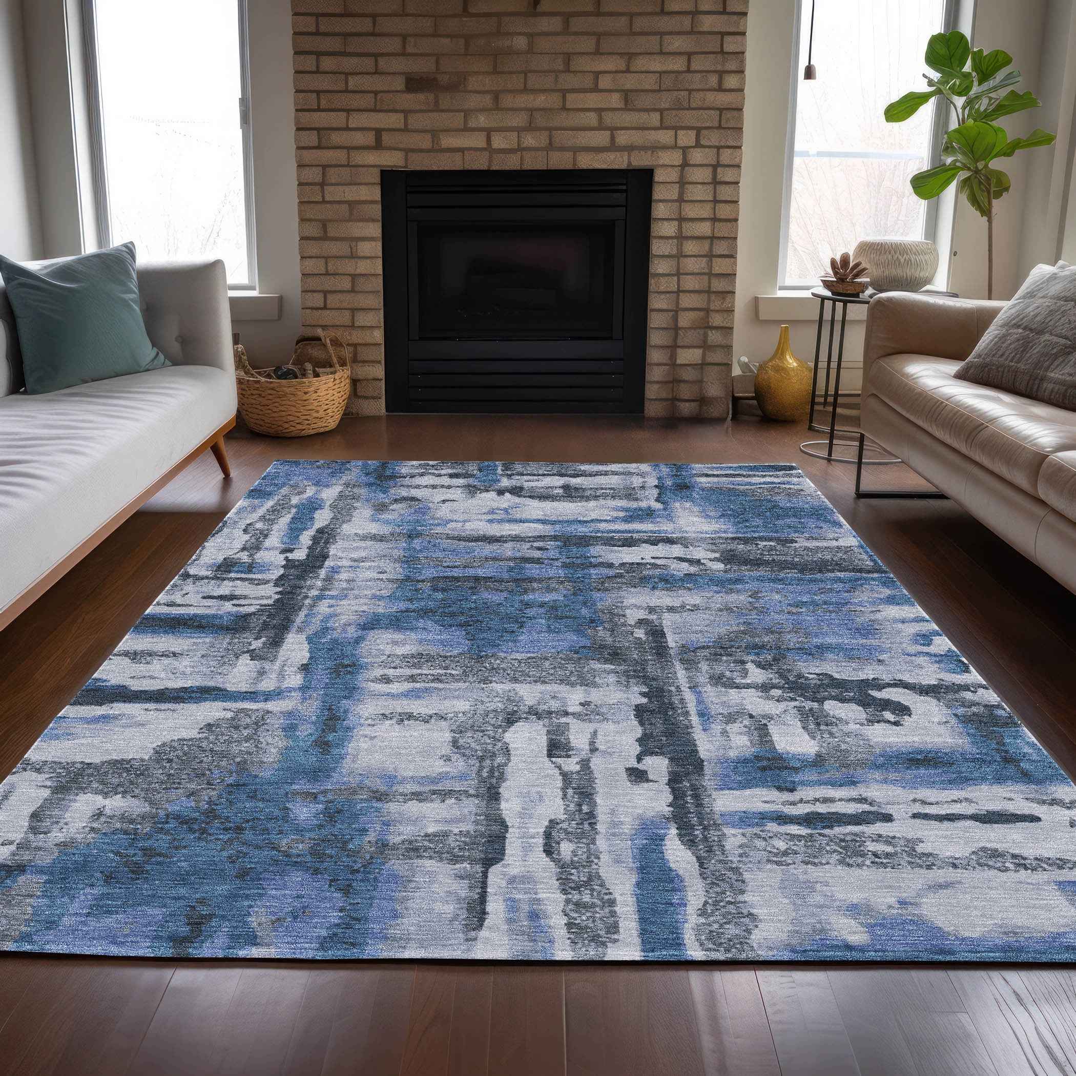 5' X 8' Blue And Gray Abstract Washable Indoor Outdoor Area Rug