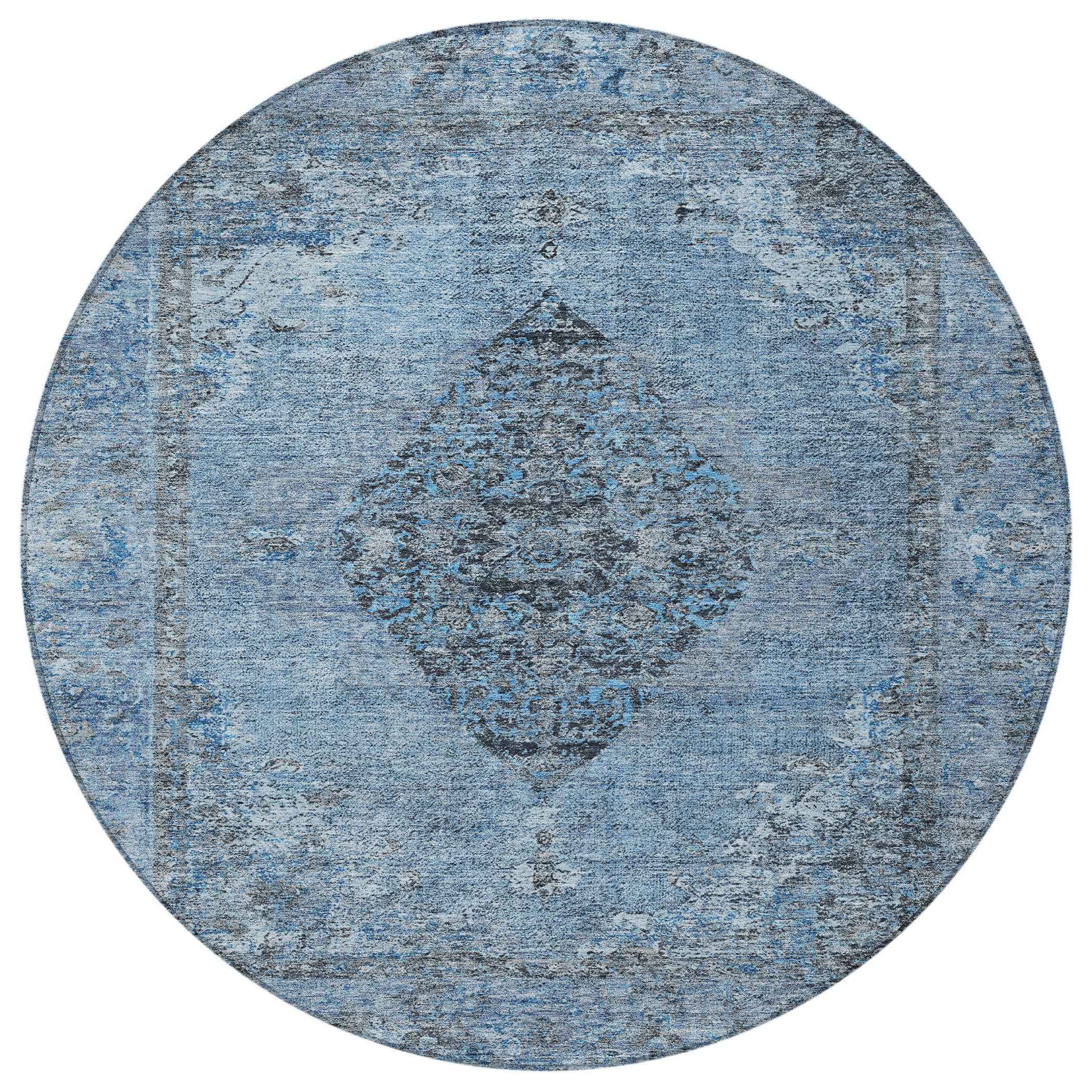 8' Denim Blue And Gray Round Medallion Washable Indoor Outdoor Area Rug