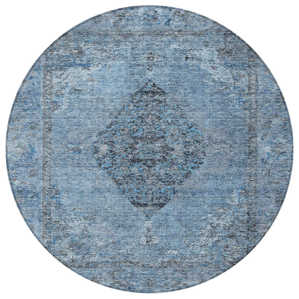 8' Denim Blue And Gray Round Medallion Washable Indoor Outdoor Area Rug Default Title