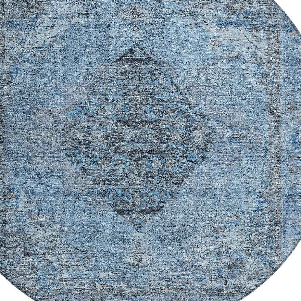 8' Denim Blue And Gray Round Medallion Washable Indoor Outdoor Area Rug