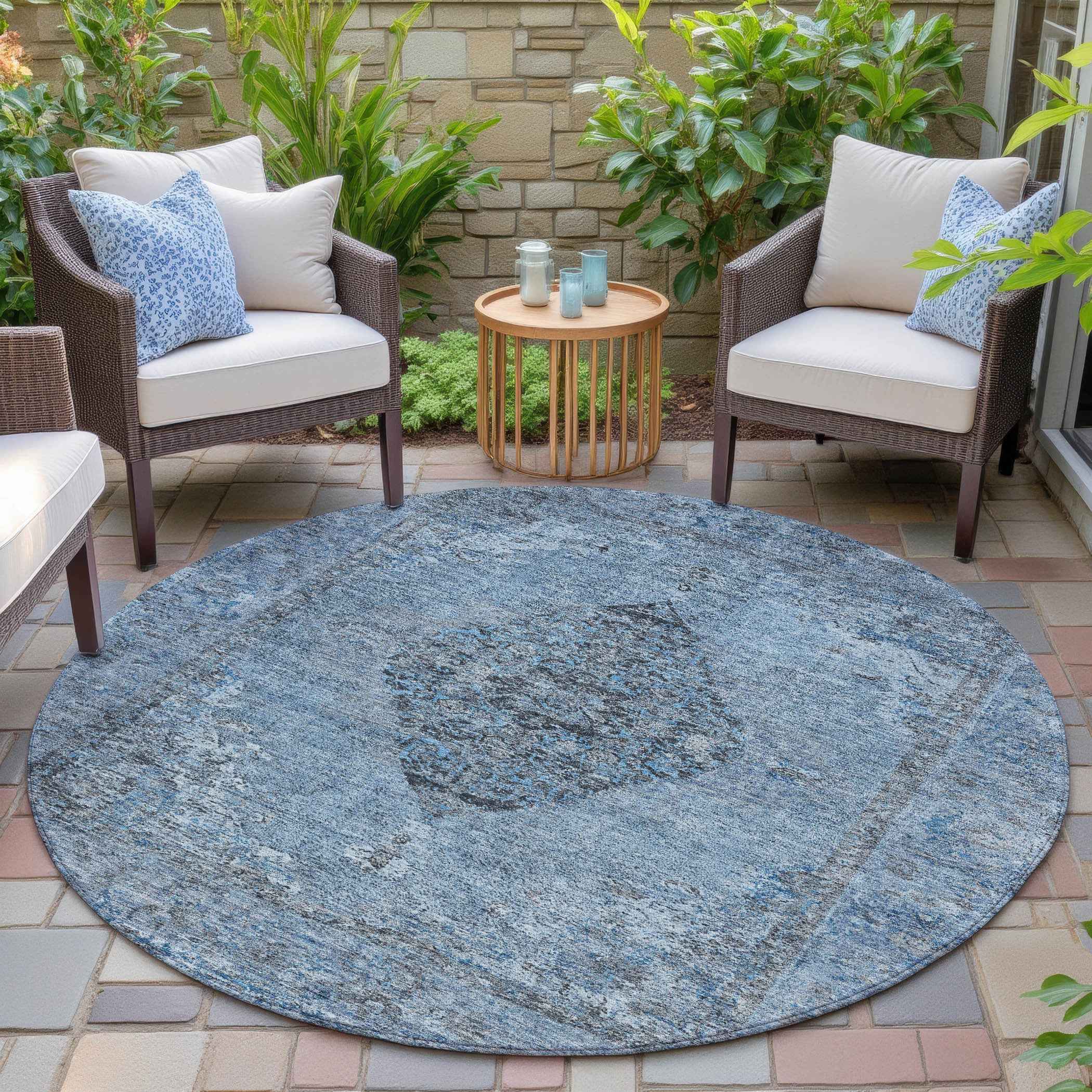 8' Denim Blue And Gray Round Medallion Washable Indoor Outdoor Area Rug