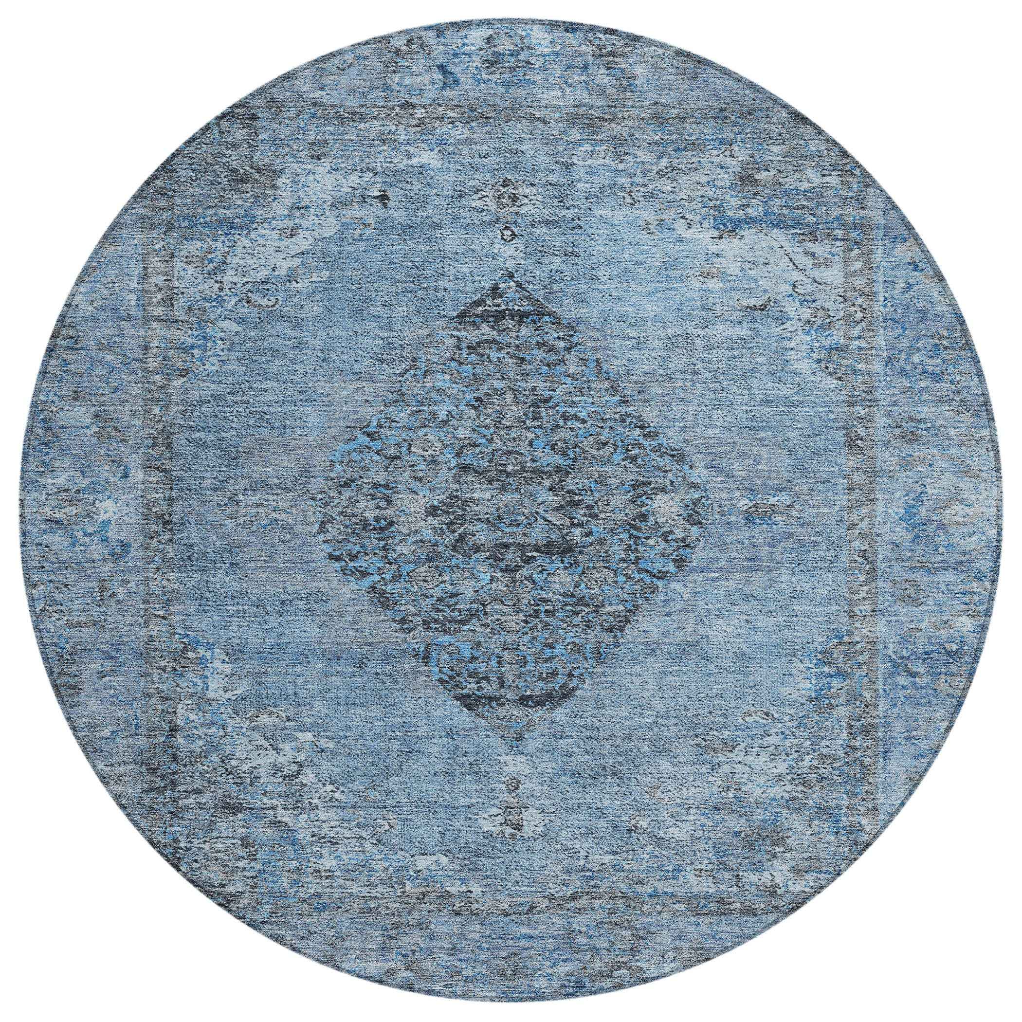 8' Denim Blue And Gray Round Medallion Washable Indoor Outdoor Area Rug