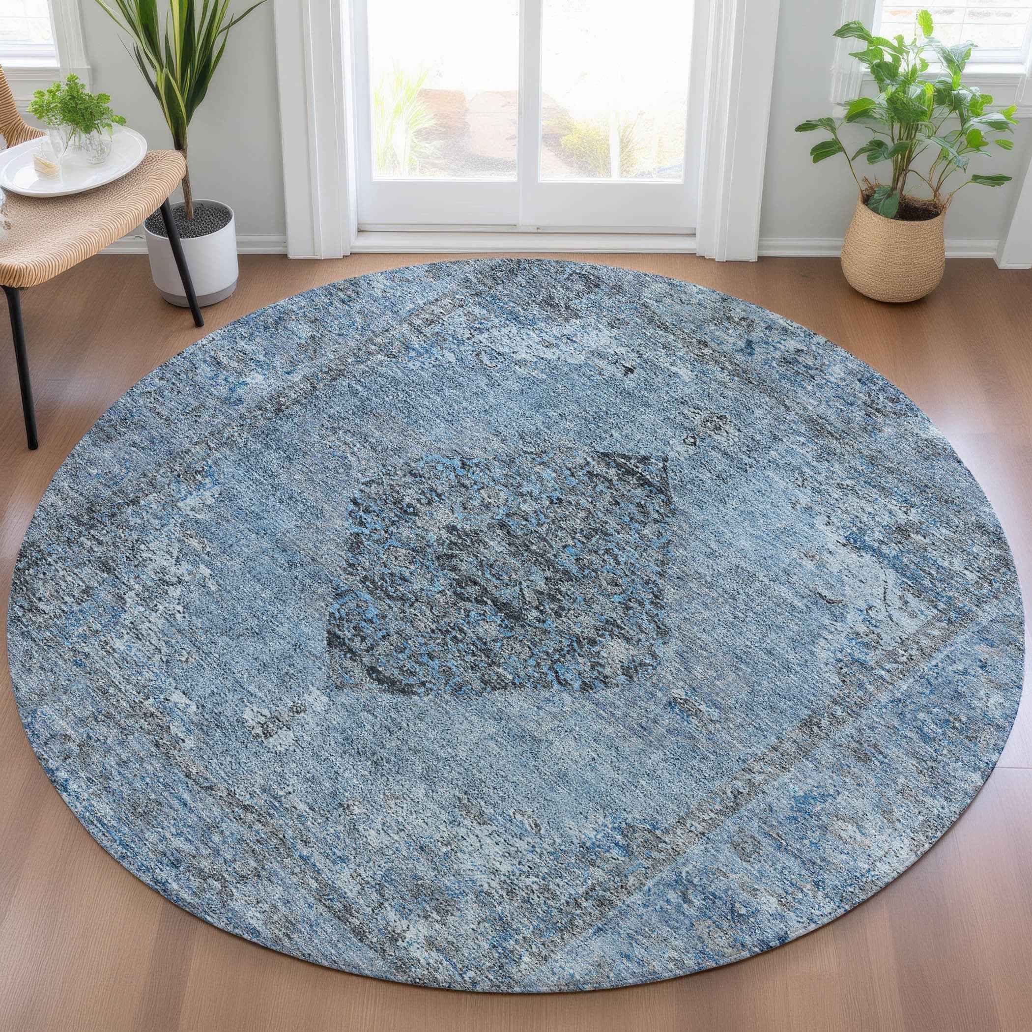 8' Denim Blue And Gray Round Medallion Washable Indoor Outdoor Area Rug