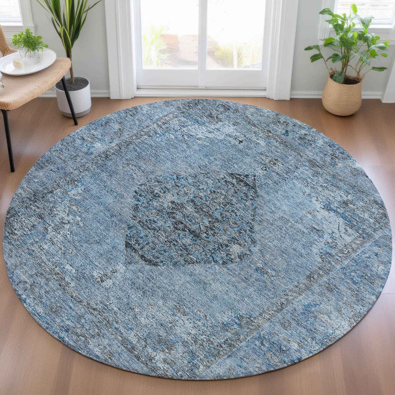 8' Denim Blue And Gray Round Medallion Washable Indoor Outdoor Area Rug