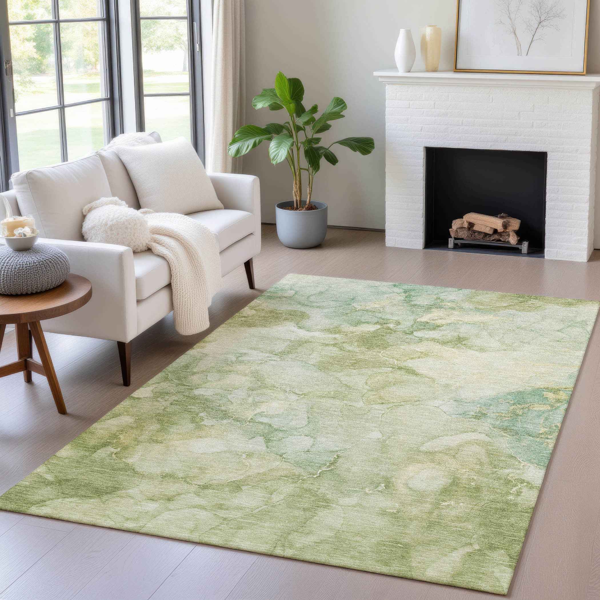 10' X 14' Artichoke Green And Beige Abstract Washable Indoor Outdoor Area Rug