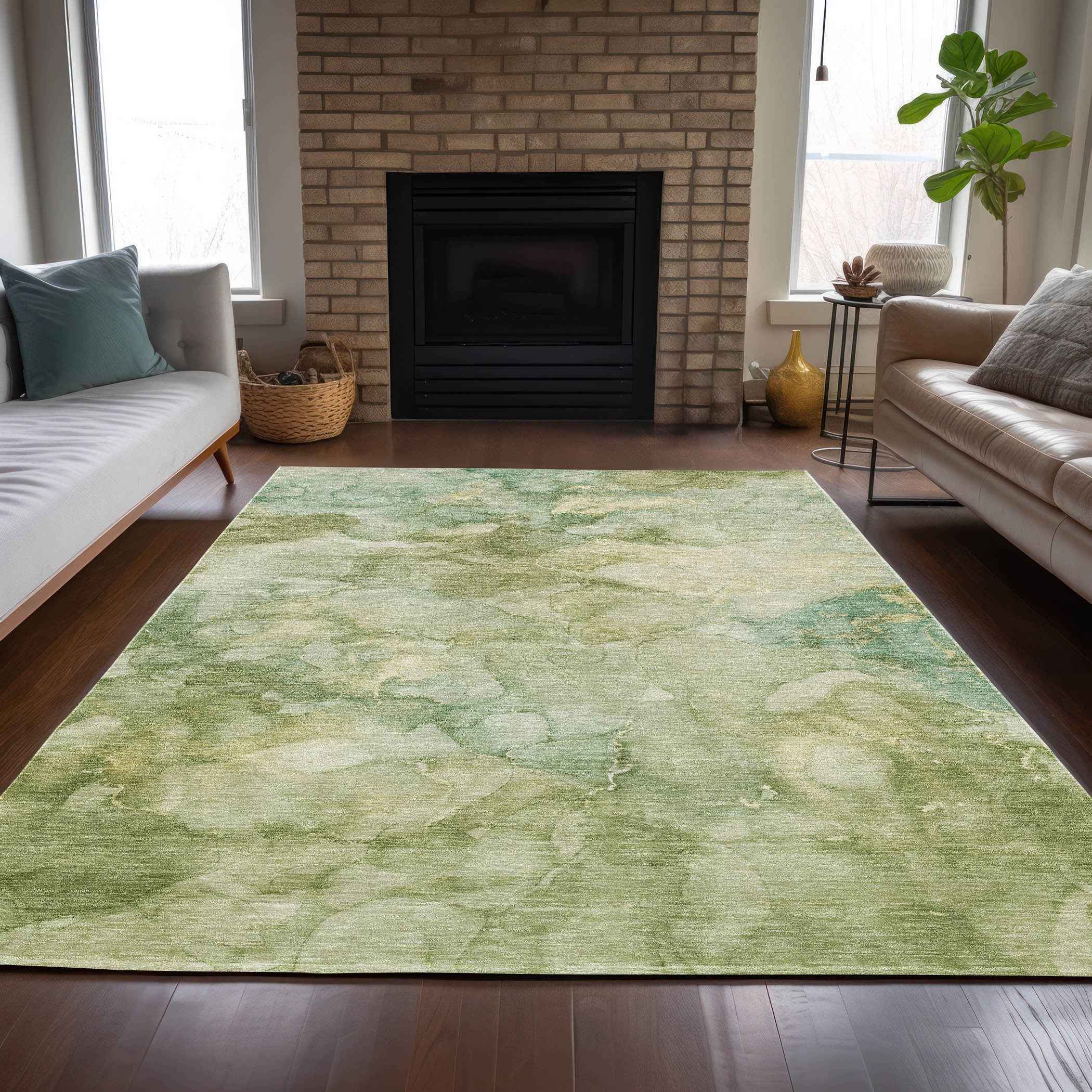 10' X 14' Artichoke Green And Beige Abstract Washable Indoor Outdoor Area Rug