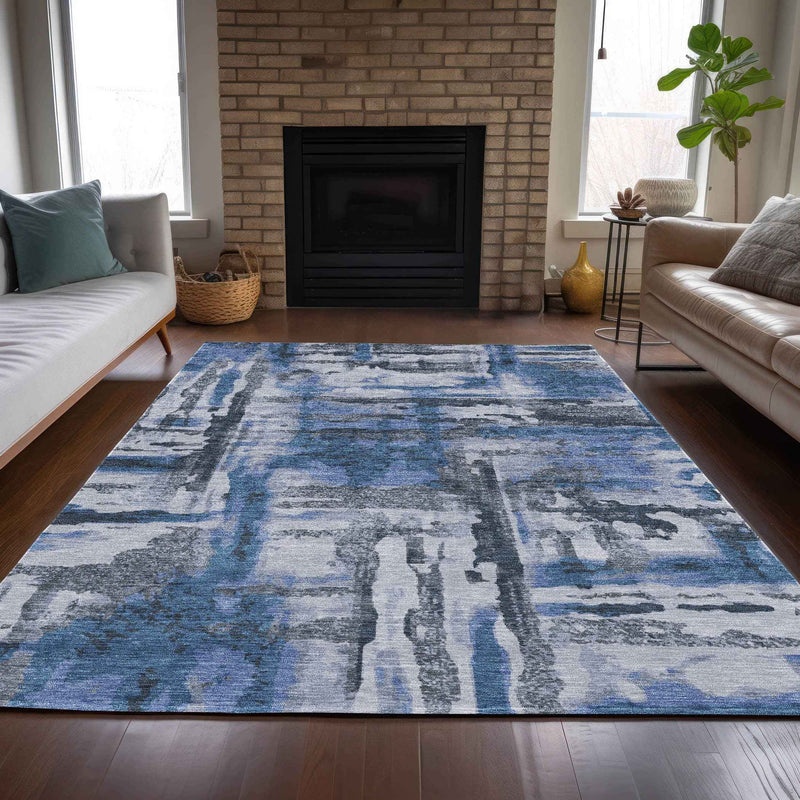 8' X 10' Blue And Gray Abstract Washable Indoor Outdoor Area Rug