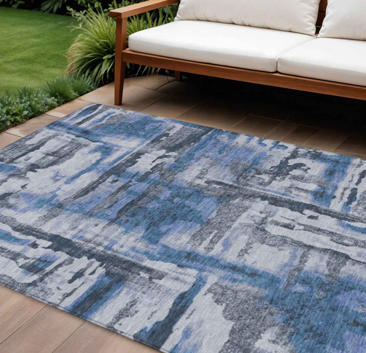 8' X 10' Blue And Gray Abstract Washable Indoor Outdoor Area Rug