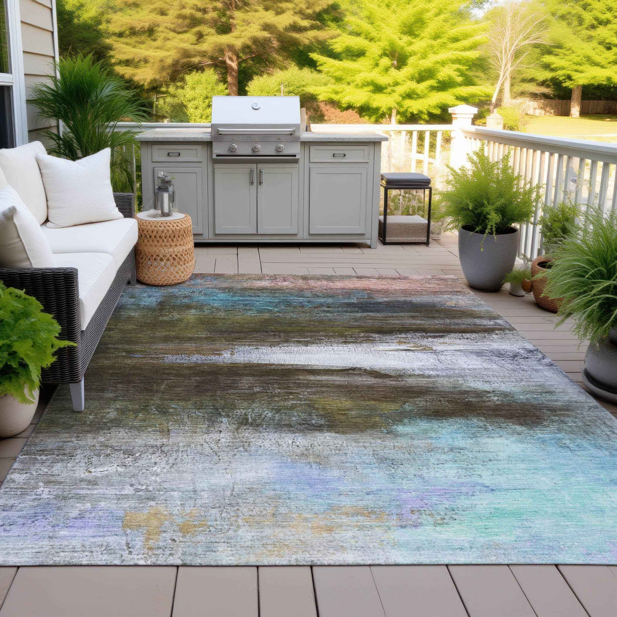 8' X 10' Brown Teal Blue And Blush Abstract Washable Indoor Outdoor Area Rug