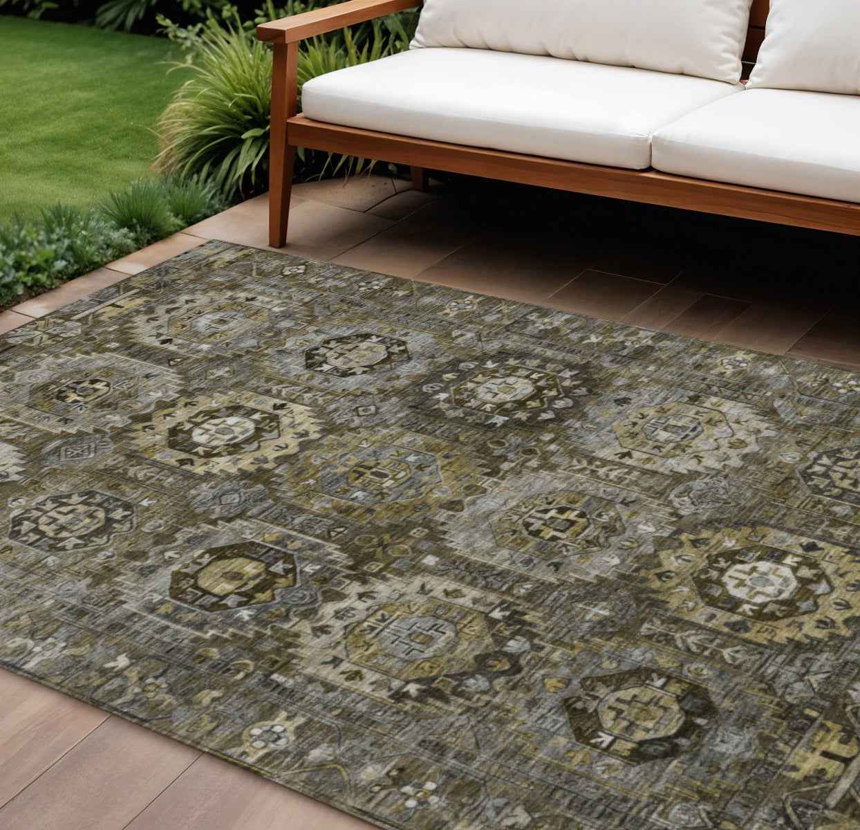8' X 10' Brown Charcoal And Beige Medallion Washable Indoor Outdoor Area Rug