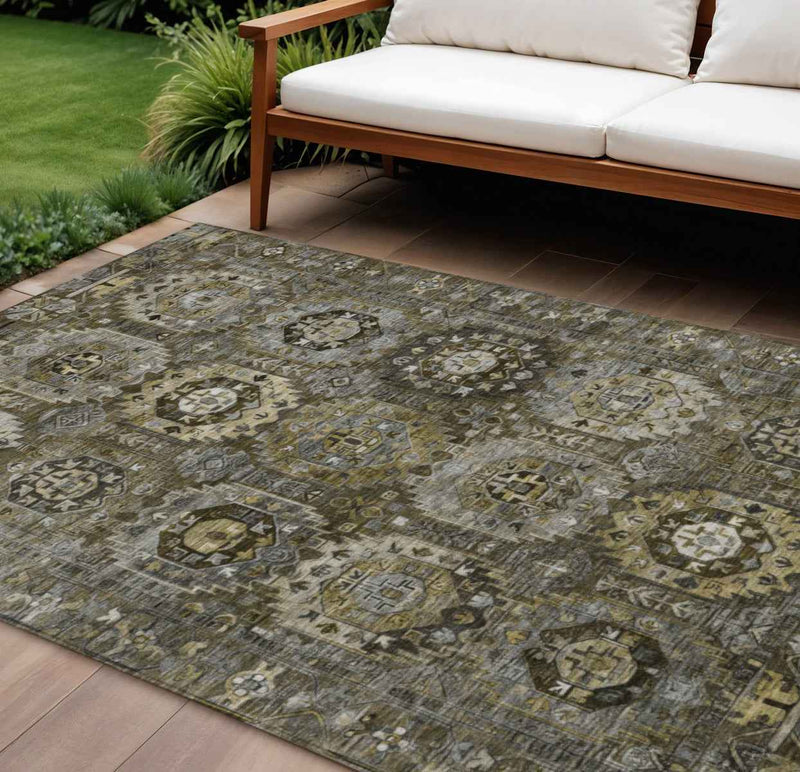 8' X 10' Brown Charcoal And Beige Medallion Washable Indoor Outdoor Area Rug