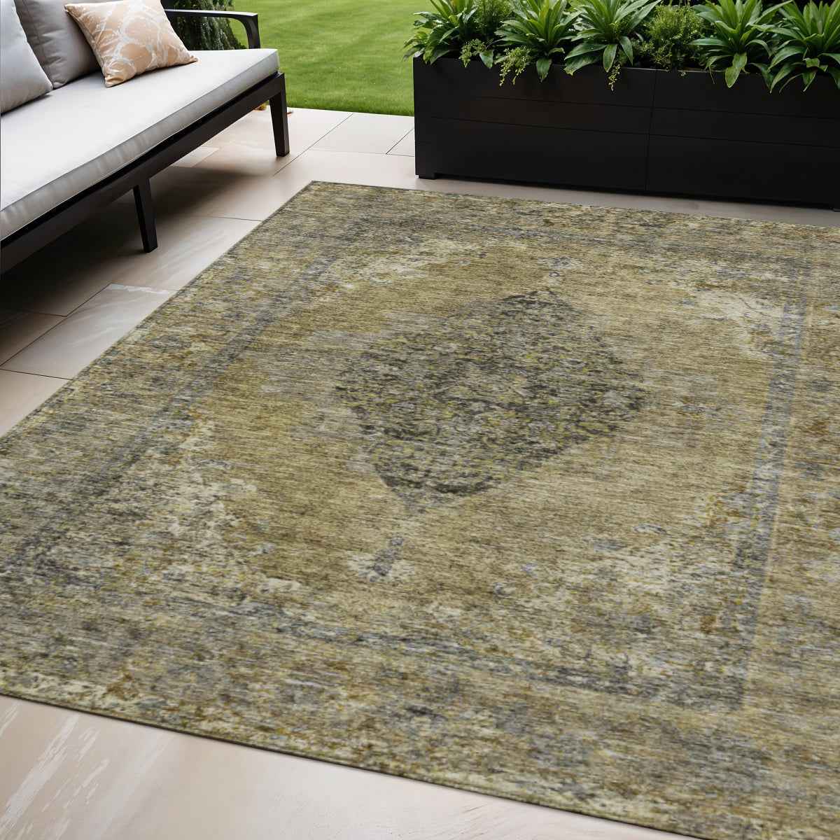 5' X 8' Khaki And Beige Medallion Washable Indoor Outdoor Area Rug