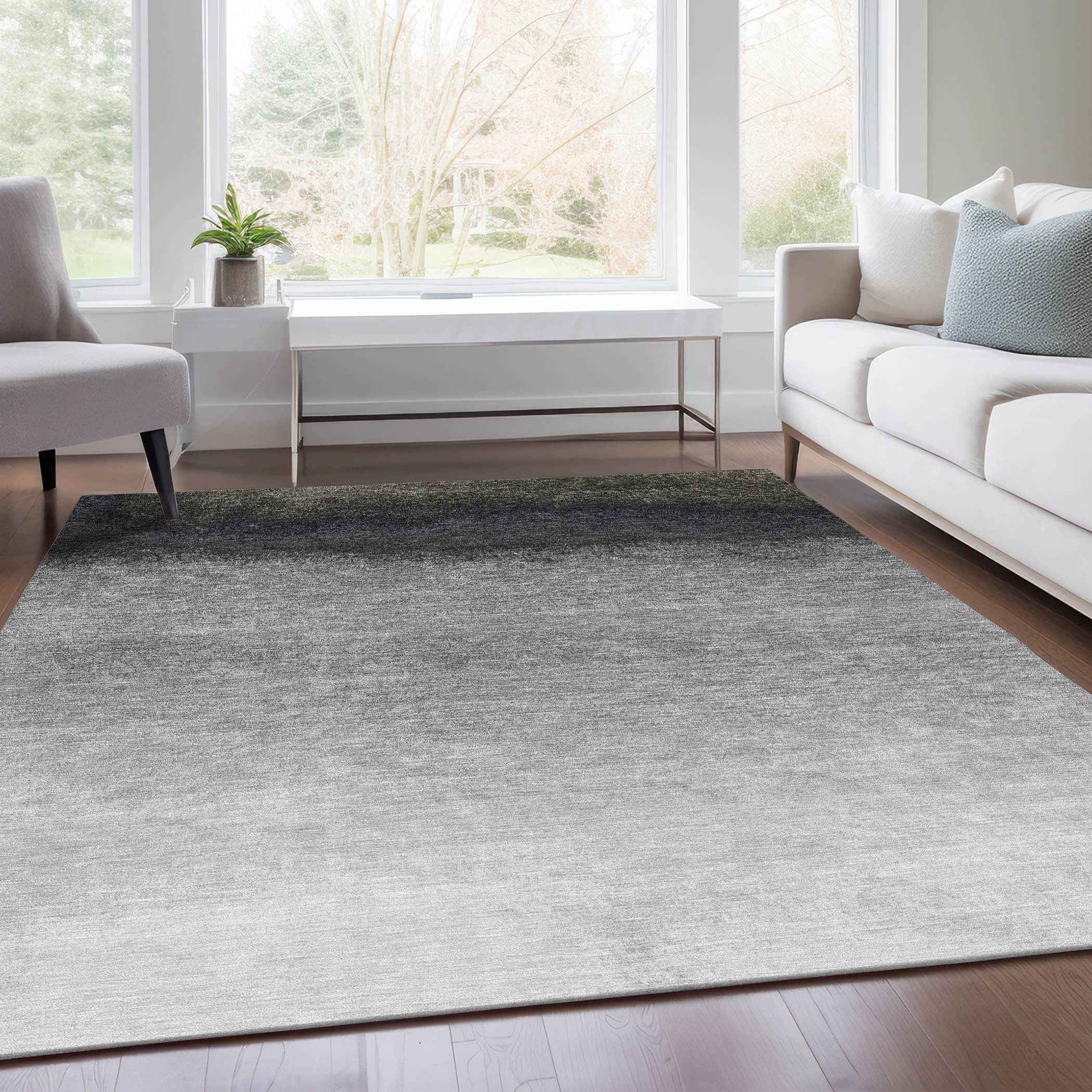 3' X 5' Silver And Black Ombre Washable Indoor Outdoor Area Rug