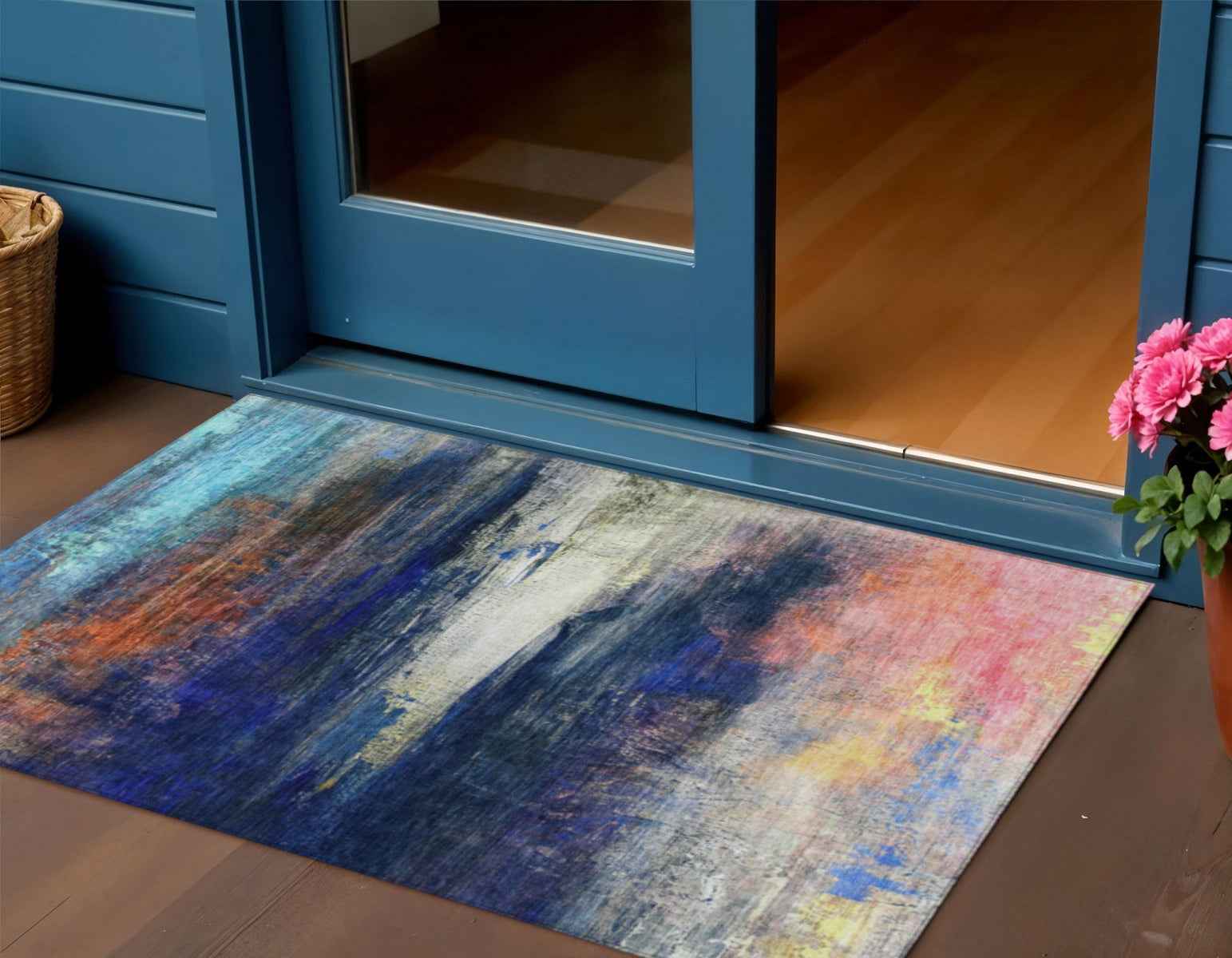 3' X 5' Blue Rust And Pink Abstract Washable Indoor Outdoor Area Rug