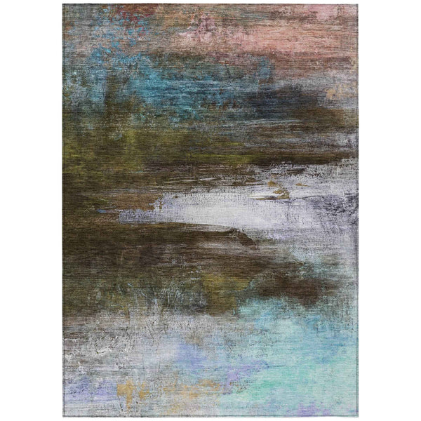 5' X 8' Brown Teal Blue And Blush Abstract Washable Indoor Outdoor Area Rug