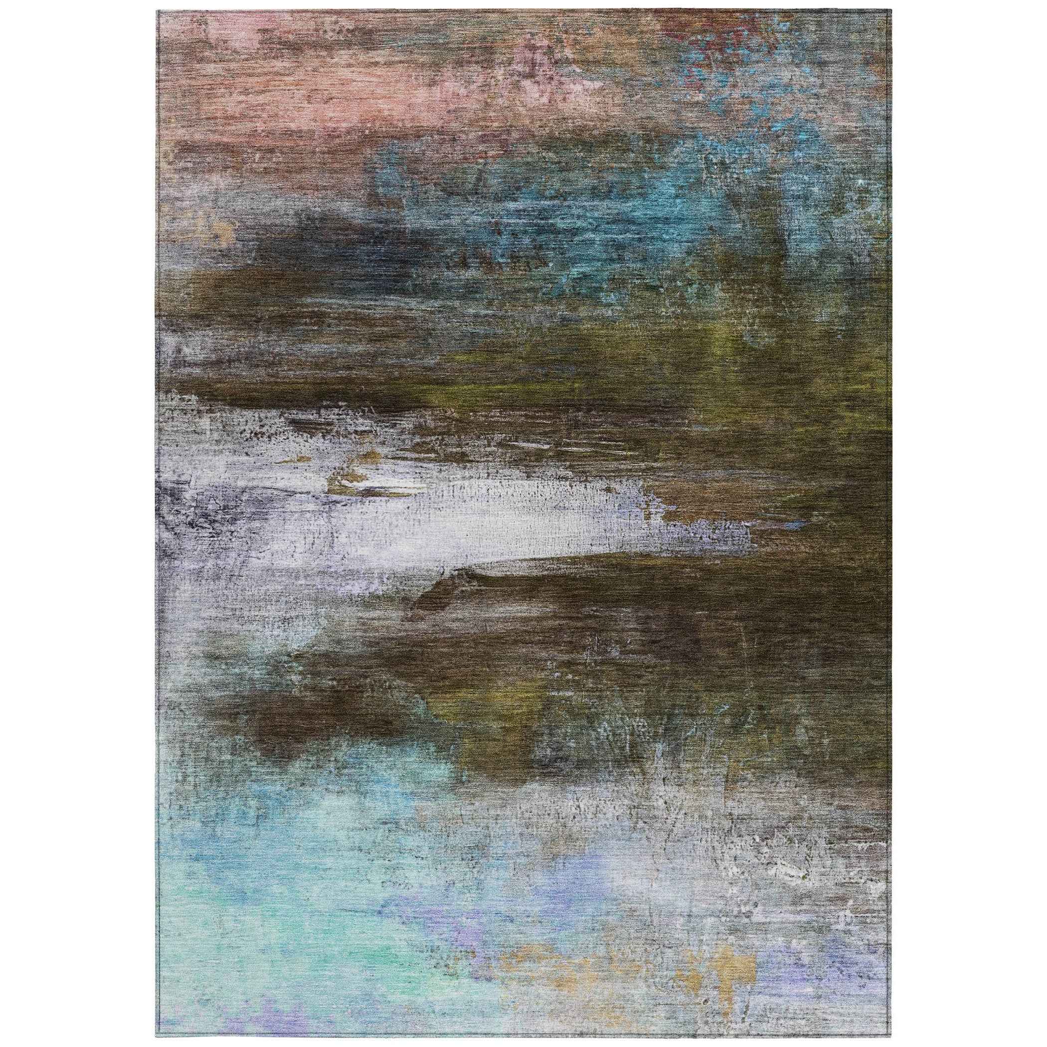 5' X 8' Brown Teal Blue And Blush Abstract Washable Indoor Outdoor Area Rug
