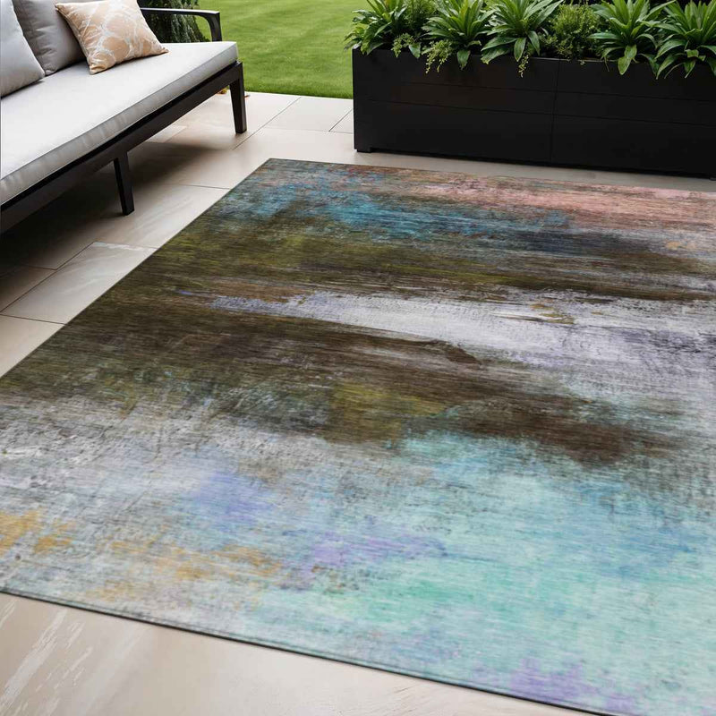 5' X 8' Brown Teal Blue And Blush Abstract Washable Indoor Outdoor Area Rug