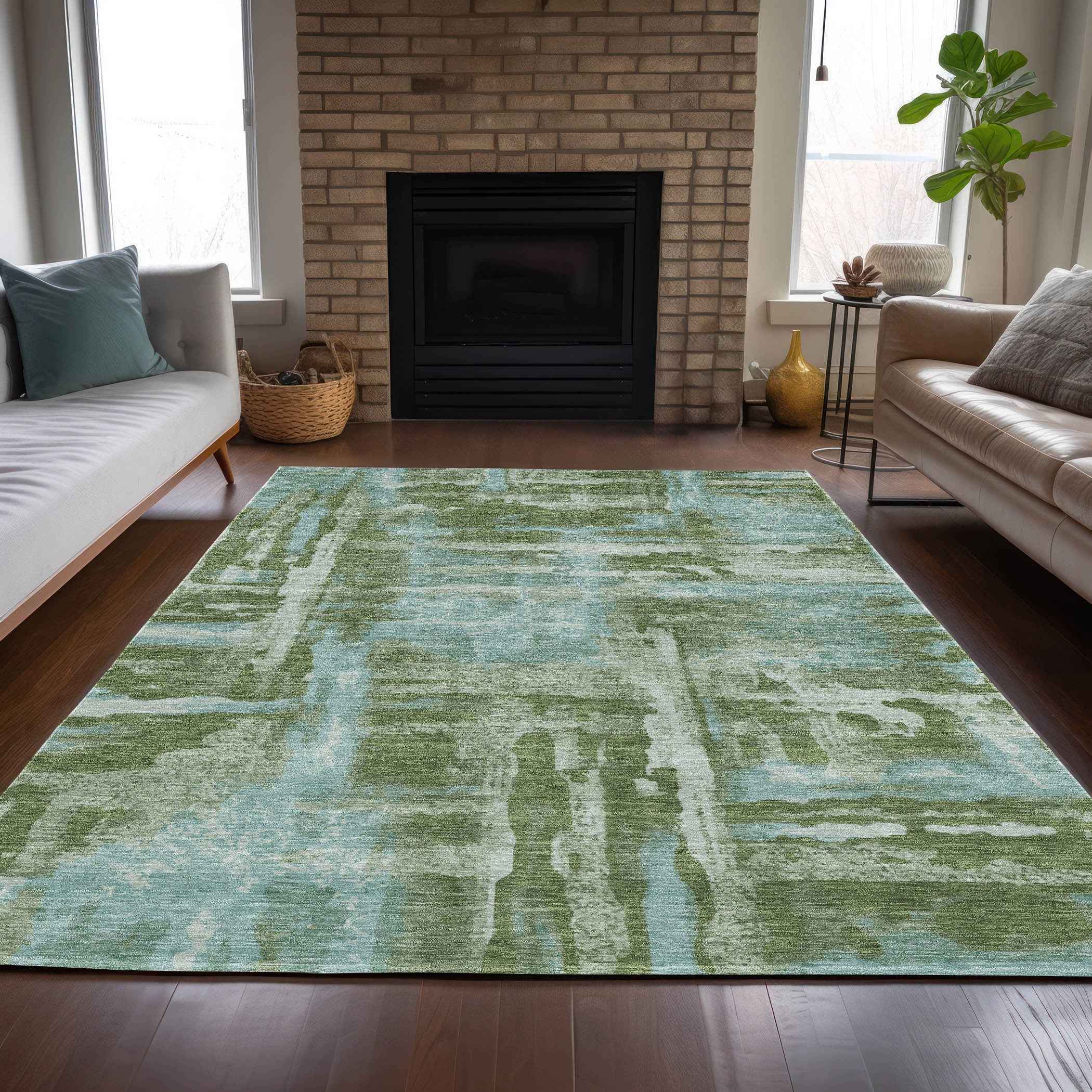 10' X 14' Fern Green And Sky Blue Abstract Washable Indoor Outdoor Area Rug
