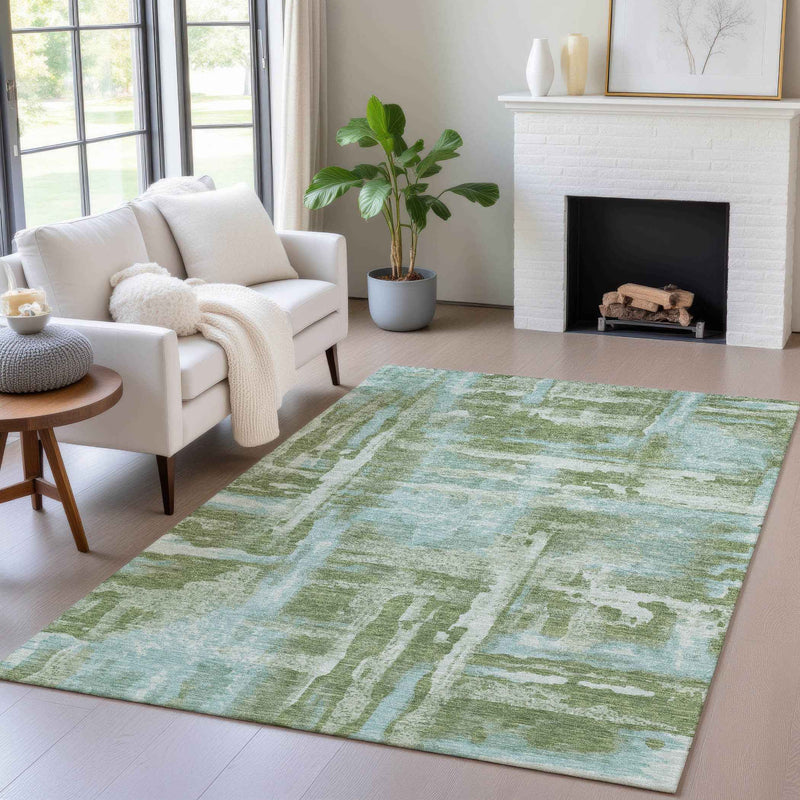 10' X 14' Fern Green And Sky Blue Abstract Washable Indoor Outdoor Area Rug