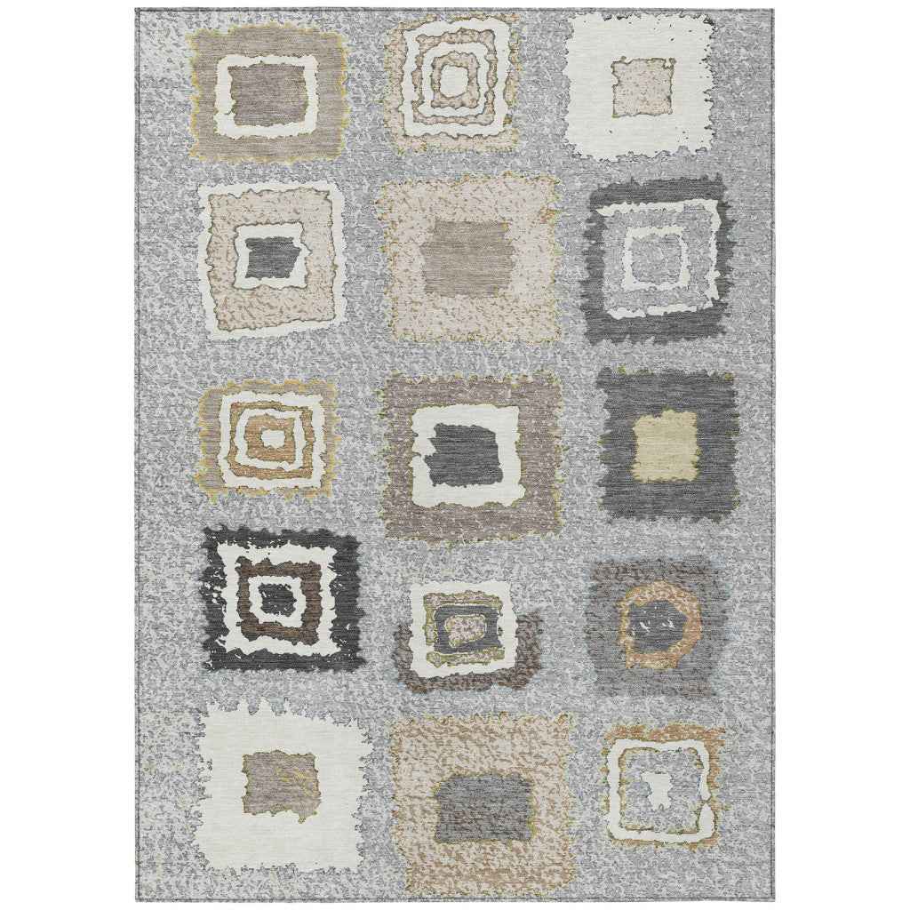 9' X 12' Gray Charcoal And Beige Geometric Washable Indoor Outdoor Area Rug