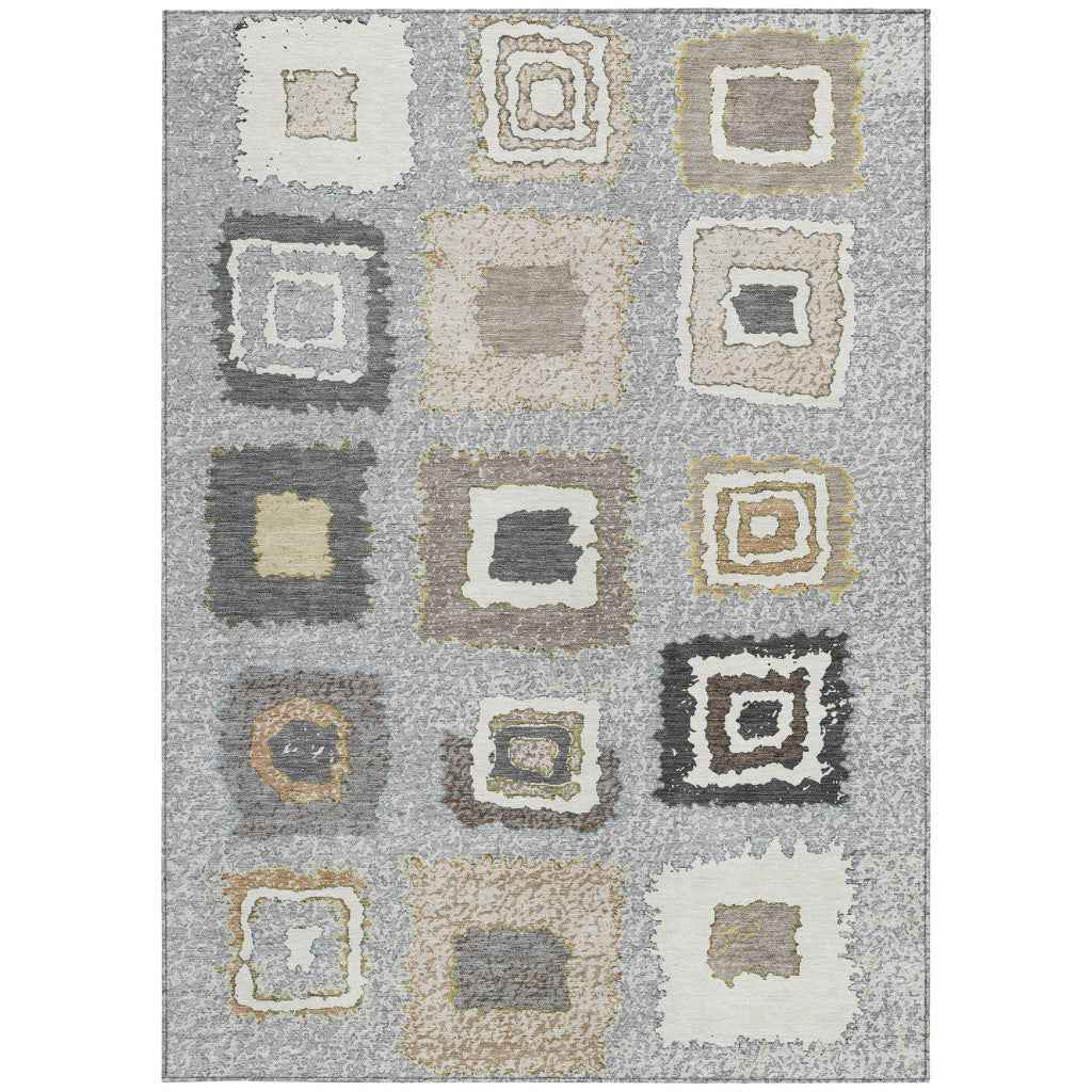 9' X 12' Gray Charcoal And Beige Geometric Washable Indoor Outdoor Area Rug