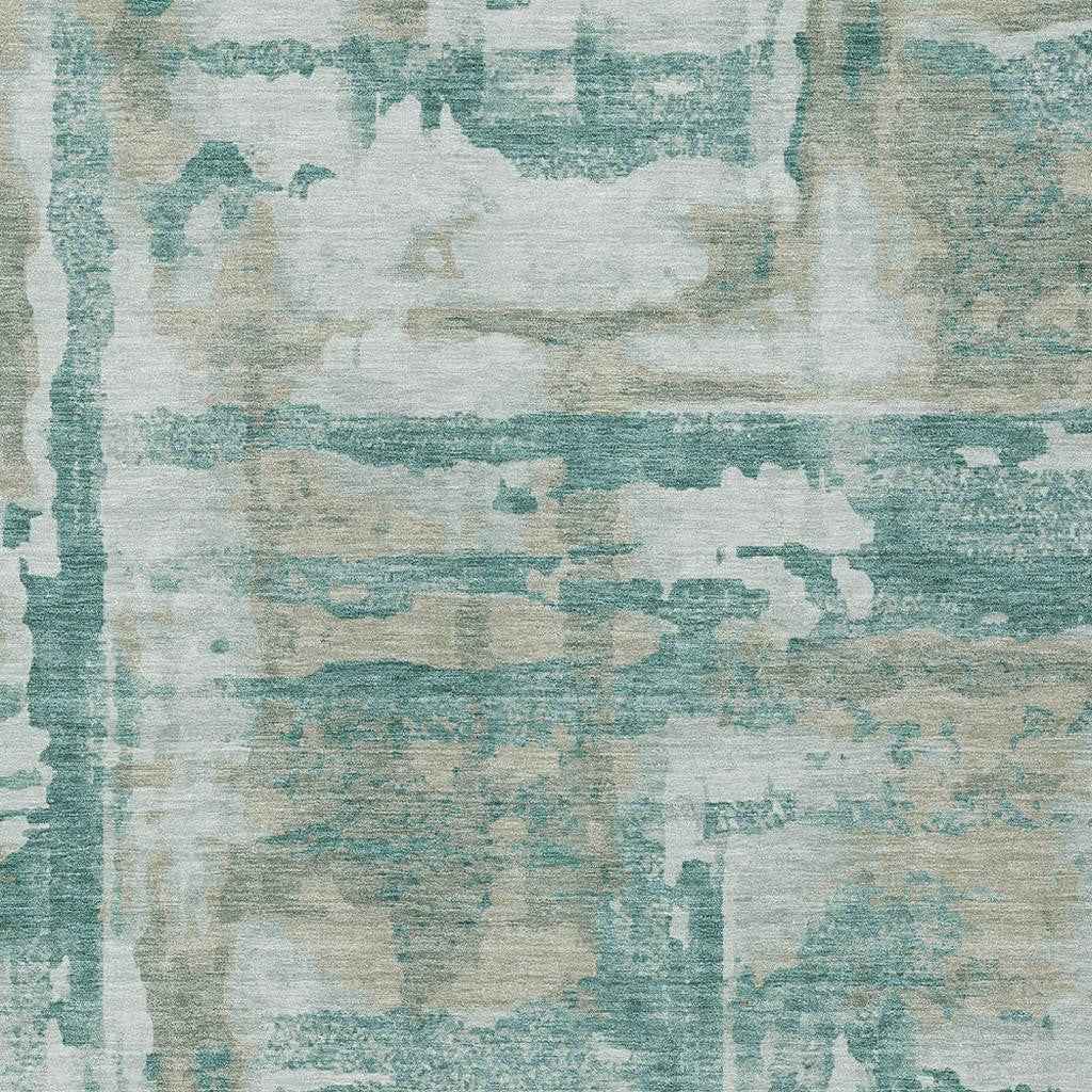 9' X 12' Teal Blue And Ivory Abstract Washable Indoor Outdoor Area Rug
