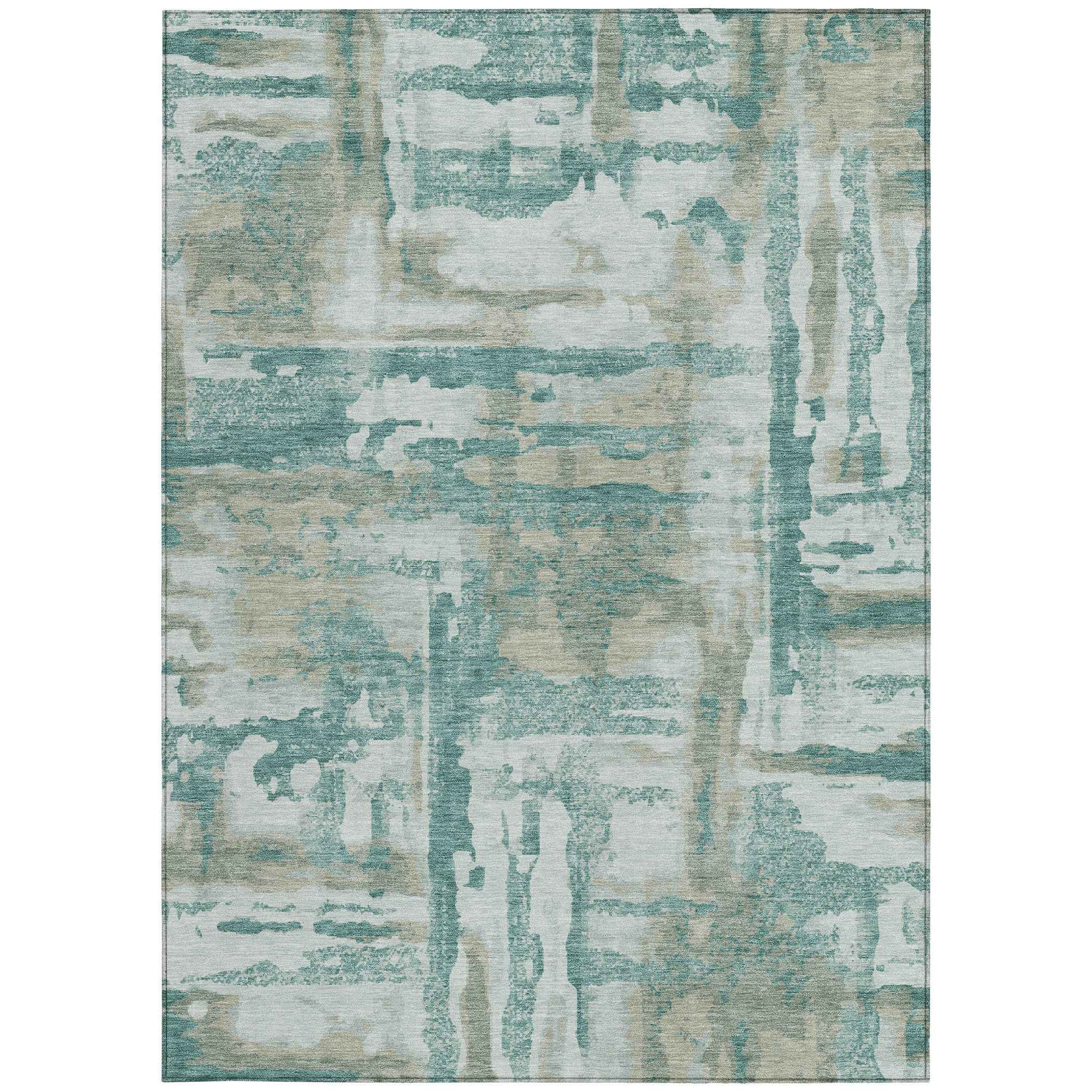 9' X 12' Teal Blue And Ivory Abstract Washable Indoor Outdoor Area Rug