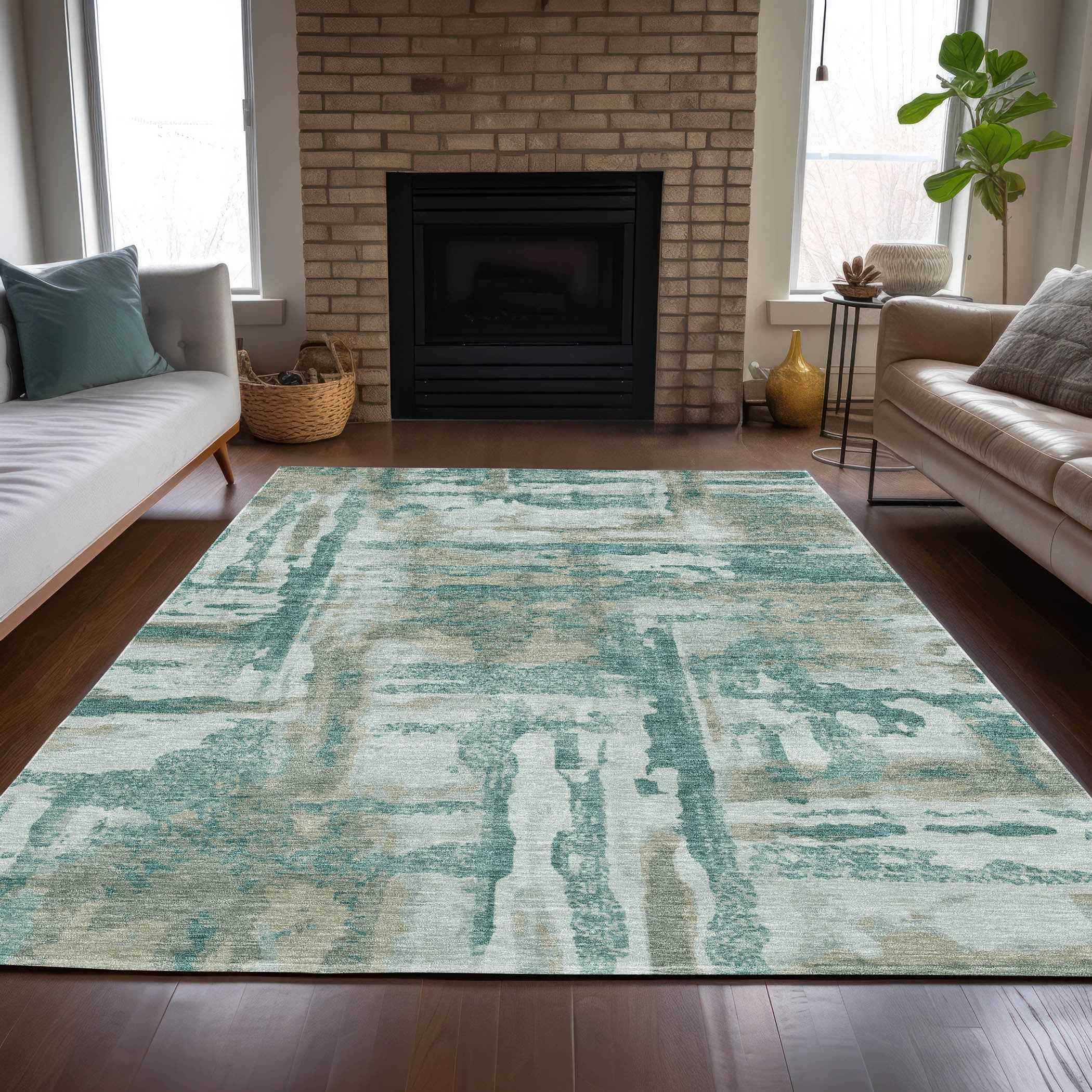 9' X 12' Teal Blue And Ivory Abstract Washable Indoor Outdoor Area Rug