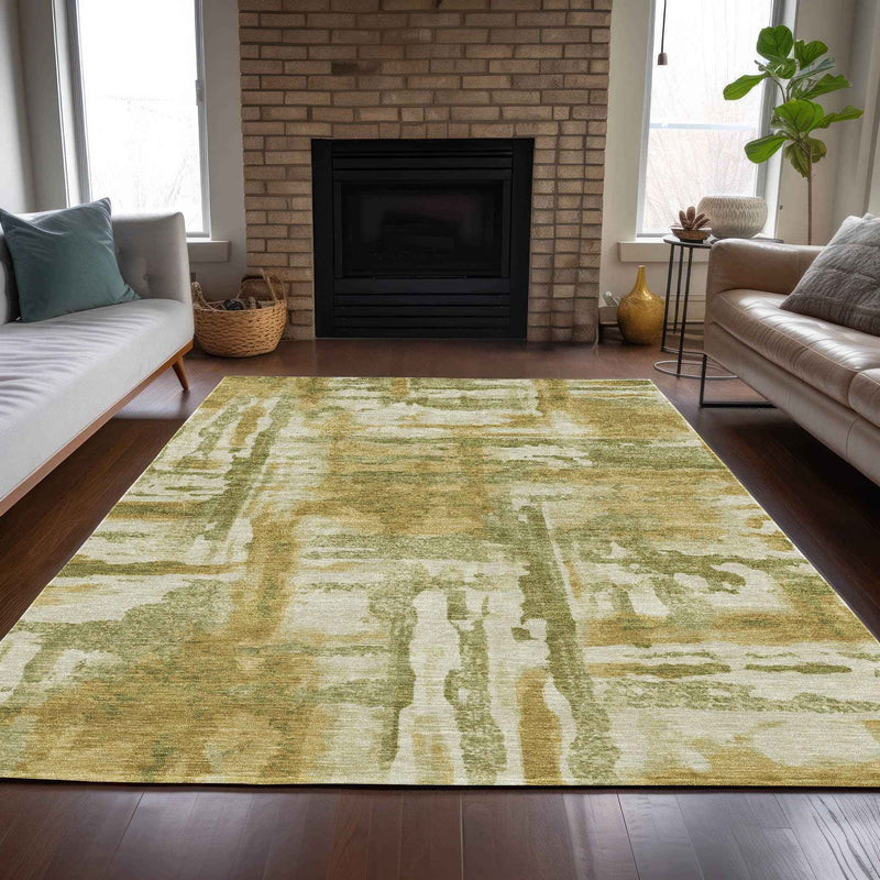5' X 8' Artichoke Green And Gold Abstract Washable Indoor Outdoor Area Rug